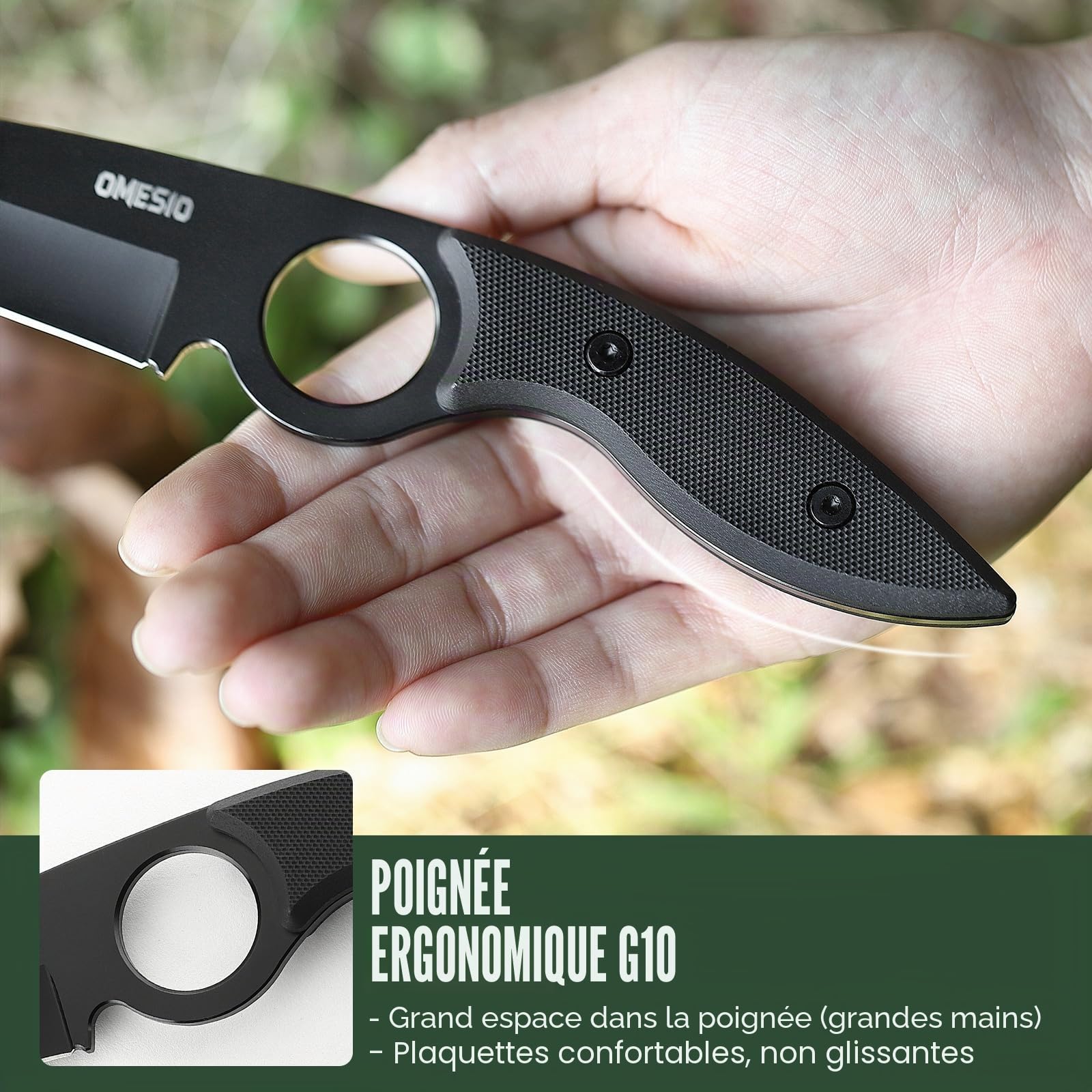 Omesio Couteau Outdoor 5CR13MOV acier Full tang couteau fixe lame drop-point 8,5 cm couteau de ceinture EDC avec Kydex fourreau(manche vert + lame blanche)