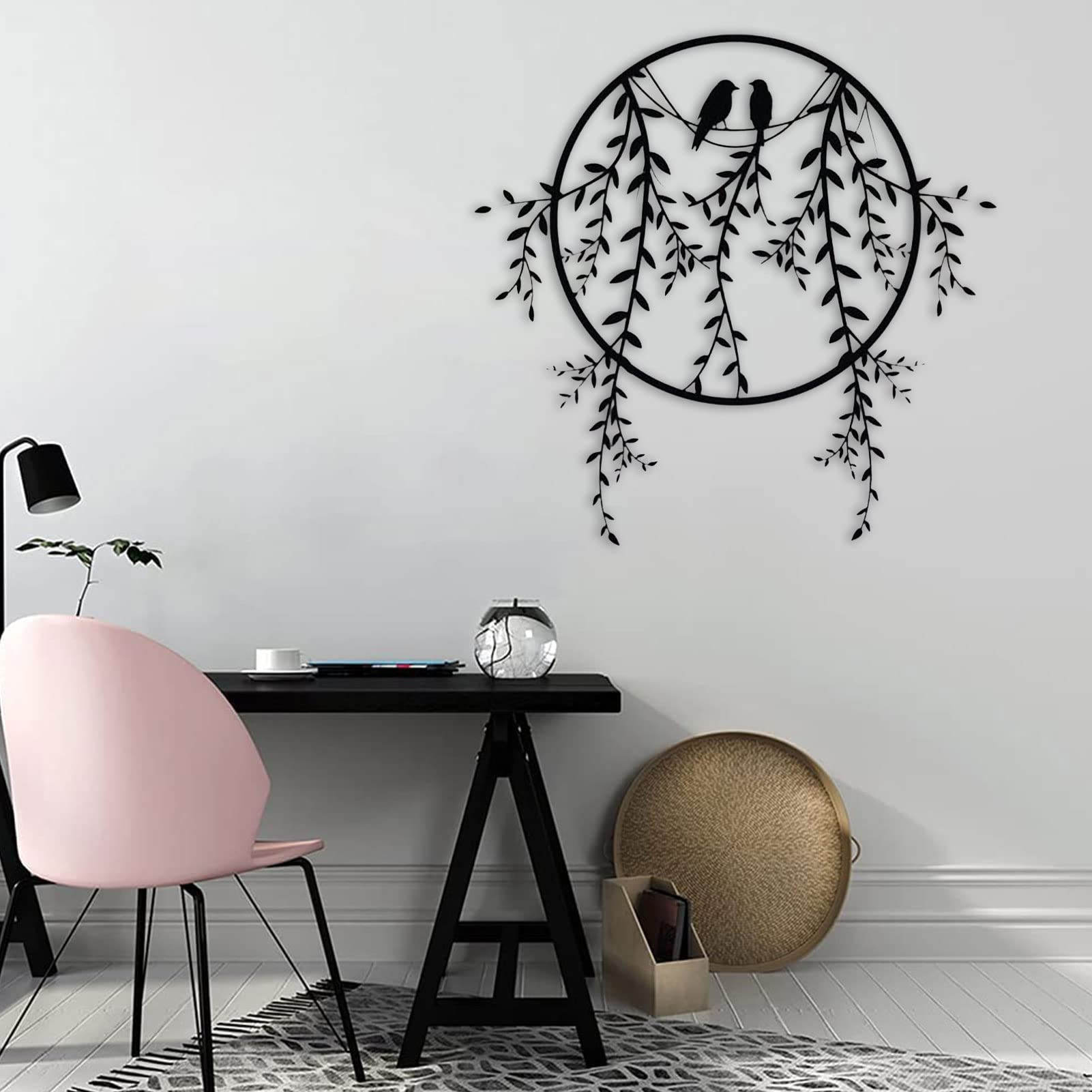 Wysokiej Jakości Miłość Ptaki Metalowa Sztuka Wall, Ptaki na gałęzi Metal Wall Decor, Okrągła Czarna Dekoracja, Wiszące Do Kryty Ogrodowy Ogród Home