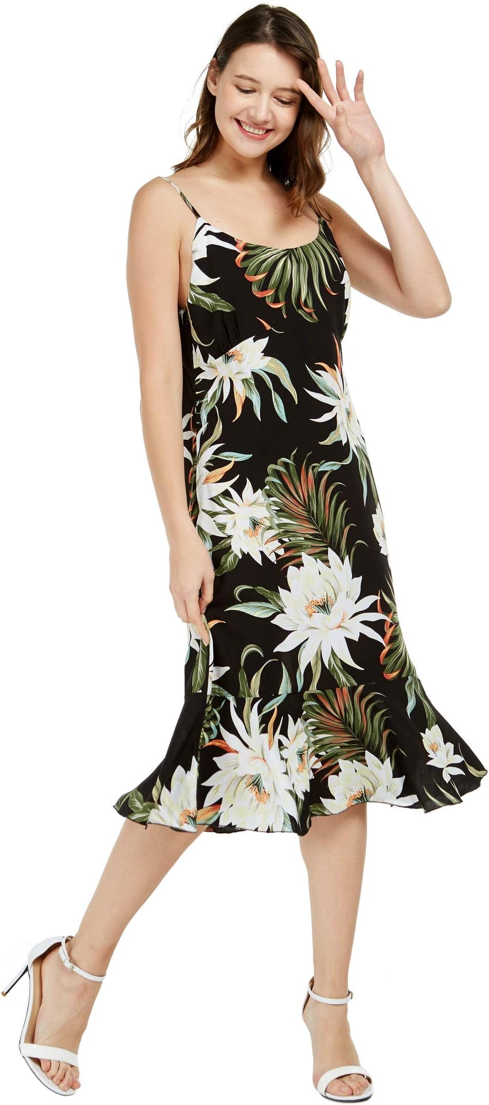 Hawaii Hangover Women's Hawaiian Mermaid Ruffle Dress Wispy Cereus Black