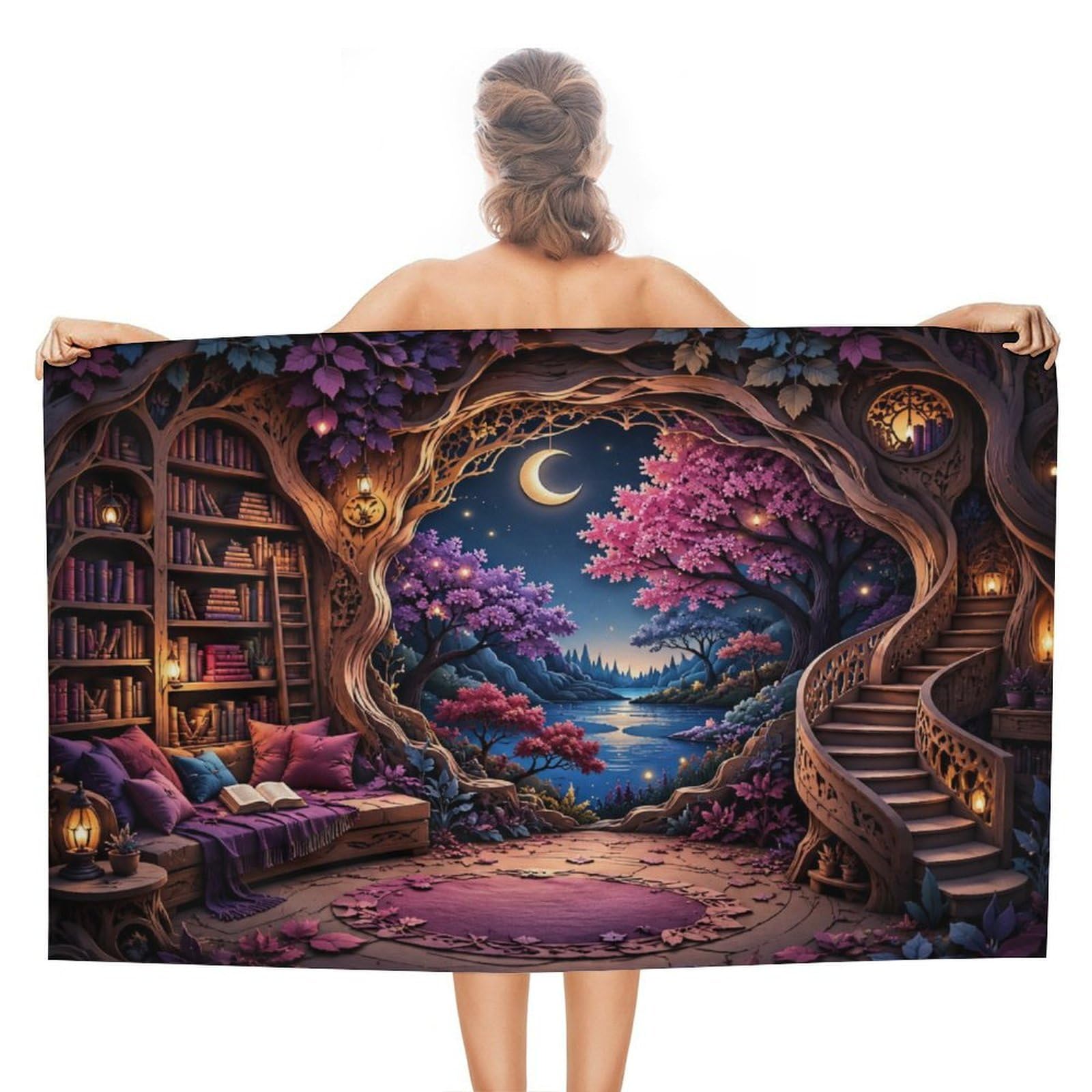 Anceky Enchanted Library Night Scene Oversized Beach Towel Quick Dry Sand Free Microfiber Travel Towel Lightweight Multi Purpose Beach Blanket Pool Gym Bath Towel 51x31 in