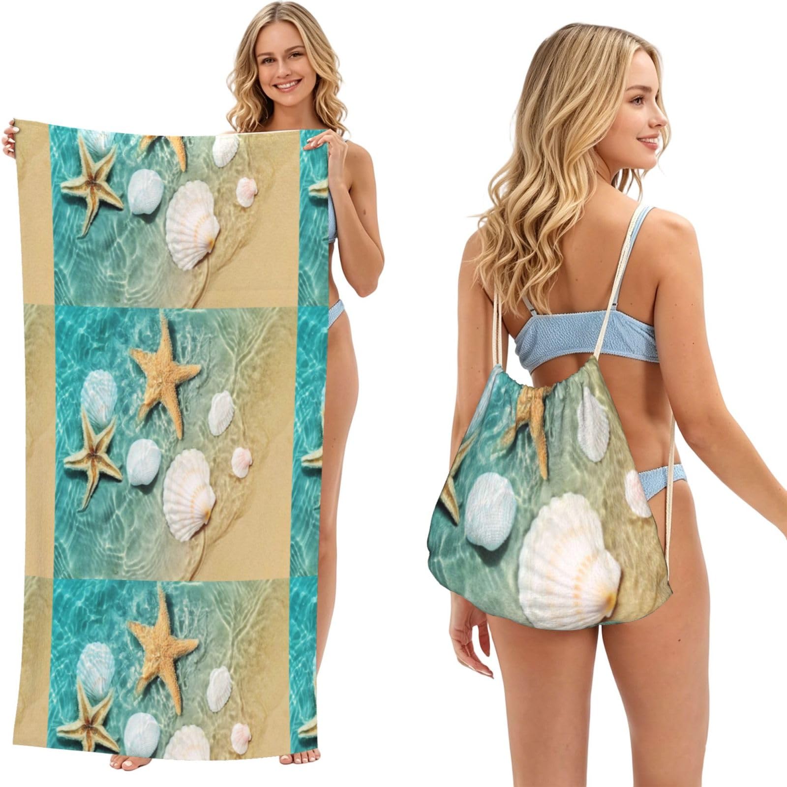 Poadnly As Picture Beach Starfish Scallop, 2 In 1 Packable Towel Bag, Beach Towels With Drawstring Backpack For Travel Holiday Camping