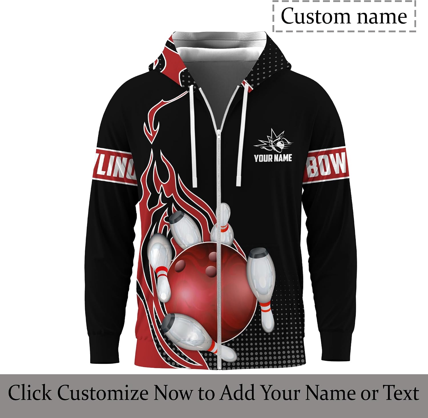 Customized Bowling Team Hoodie Jacket 3D Jacket with Red Bowling Ball on Fire Graphic On it For Bowler