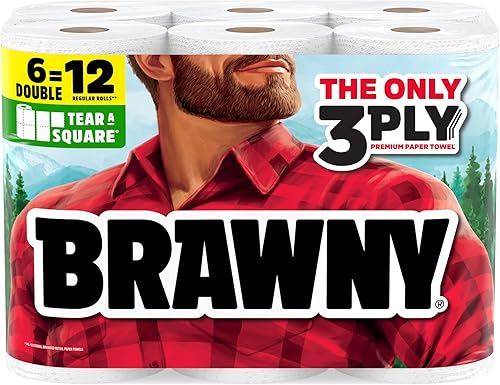 Brawny Tear-A-Square - Toallas de papel cuadradas de 3 capas, 6 rollos dobles = 12 rollos regulares, fuertes, absorbentes y duraderas con 3 tamaños