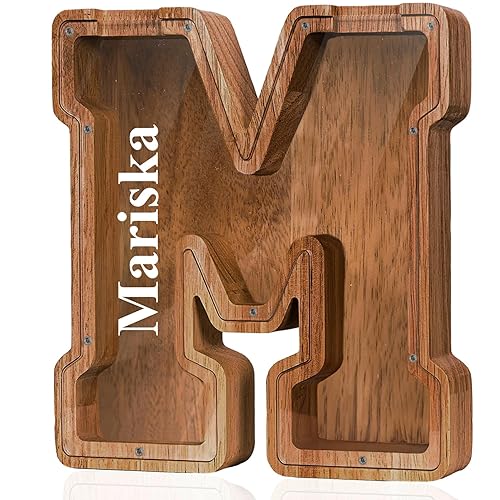 Fao Thuofyr Alcancía grande de madera con nombre personalizado para niños y niñas, alfabetos, letras A-Z, monedas, billetes, cambio de dinero, caja