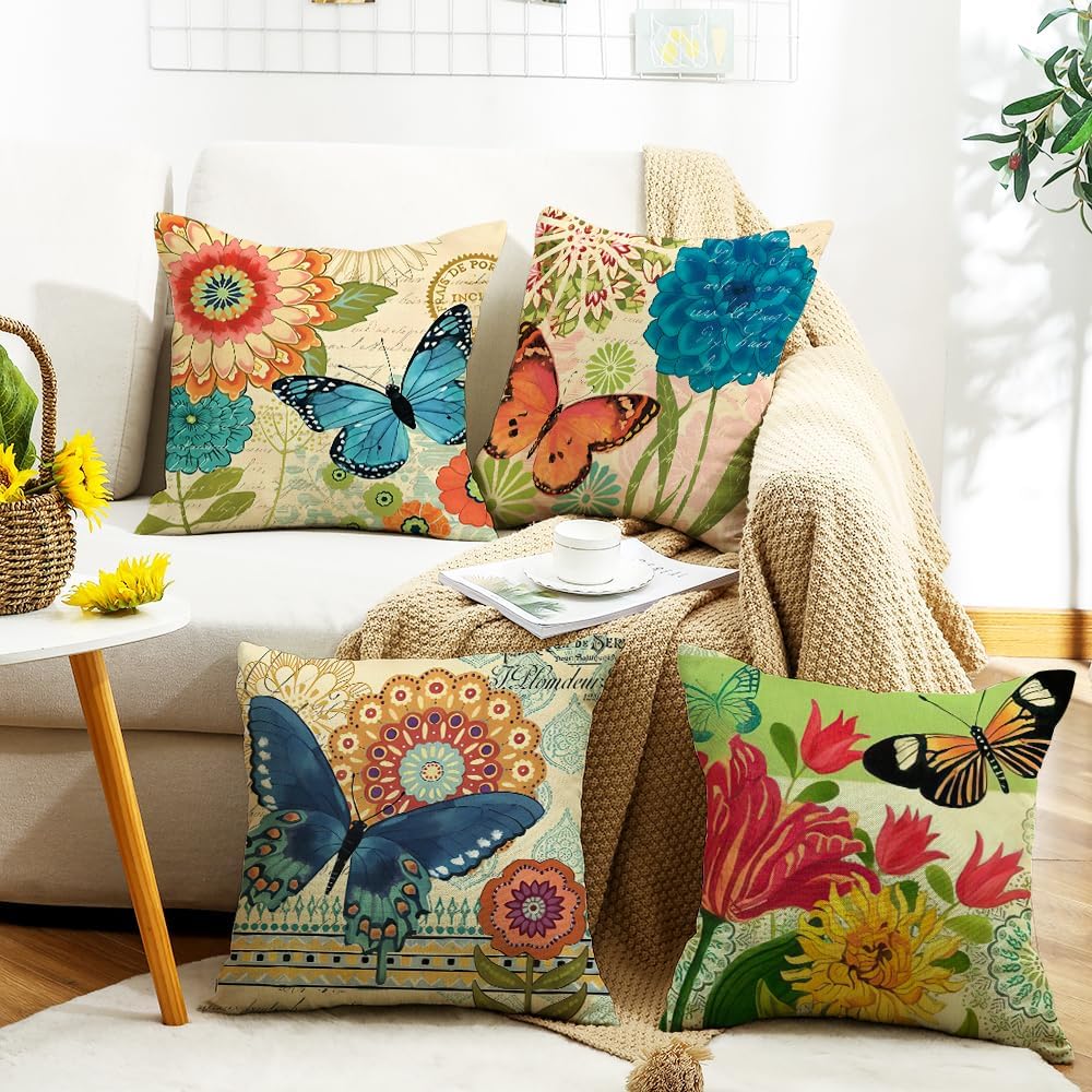 wyooxoo Spring Summer Pillow Covers 20x20 Set of 4 Farmhouse Throw Pillow Covers Linen Flower Butterfly Decorative Pillowcases for Sofa Couch Living Room Outdoor