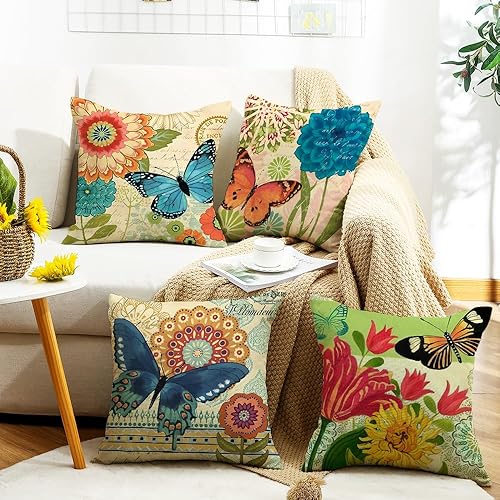 Miniatura 7 de wyooxoo Juego de 4 fundas de almohada de primavera y verano de 16 x 16 pulgadas, fundas de almohada decorativas de lino con flores y mariposas para