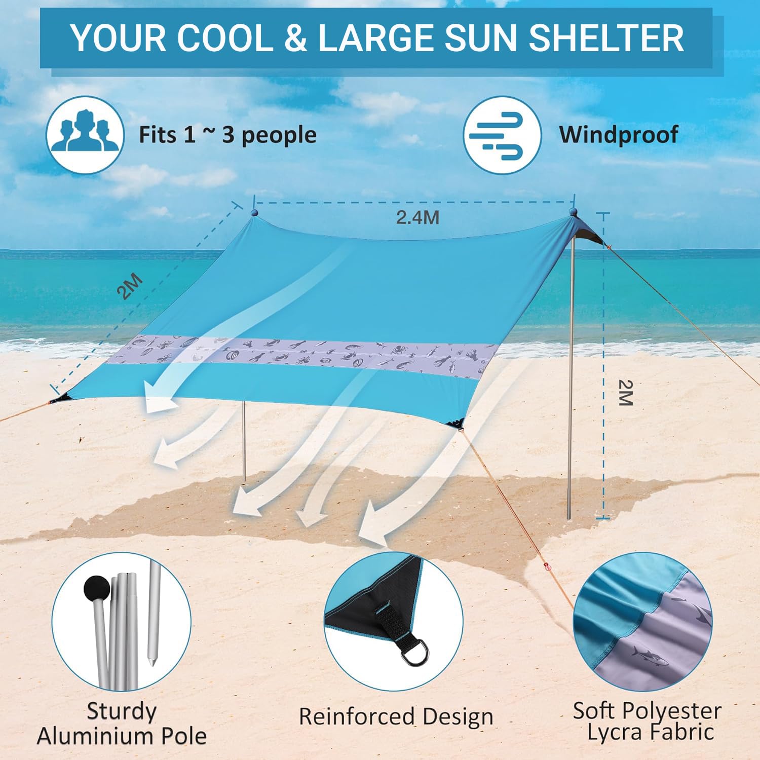 Villey Beach Tent Sun Shelter with UPF50+ Protection, 8×7FT Portable Sun Shade with 2 Stability Poles, 8 Ground Pegs, 4 Sandbags and Sand Shovel, Outdoor Beach Canopy for Camping Trips, Picnics