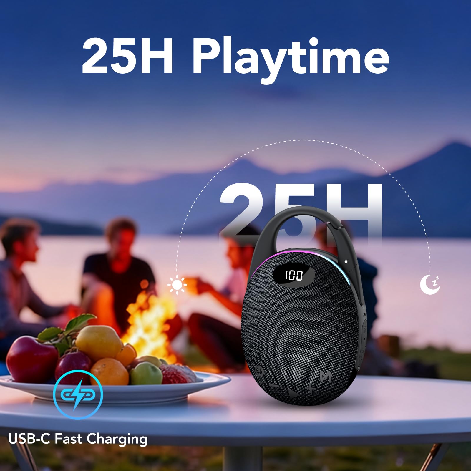 Portable Mini Bluetooth Speaker with HD Sound, LED Power Display, Big Pro Sound with Punchy Bass,Integrated Carabiner, 25H Playtime, Colorful RGB Lights, TWS pairing,Outdoor/Party/Travel, Gift Ideas — view 3