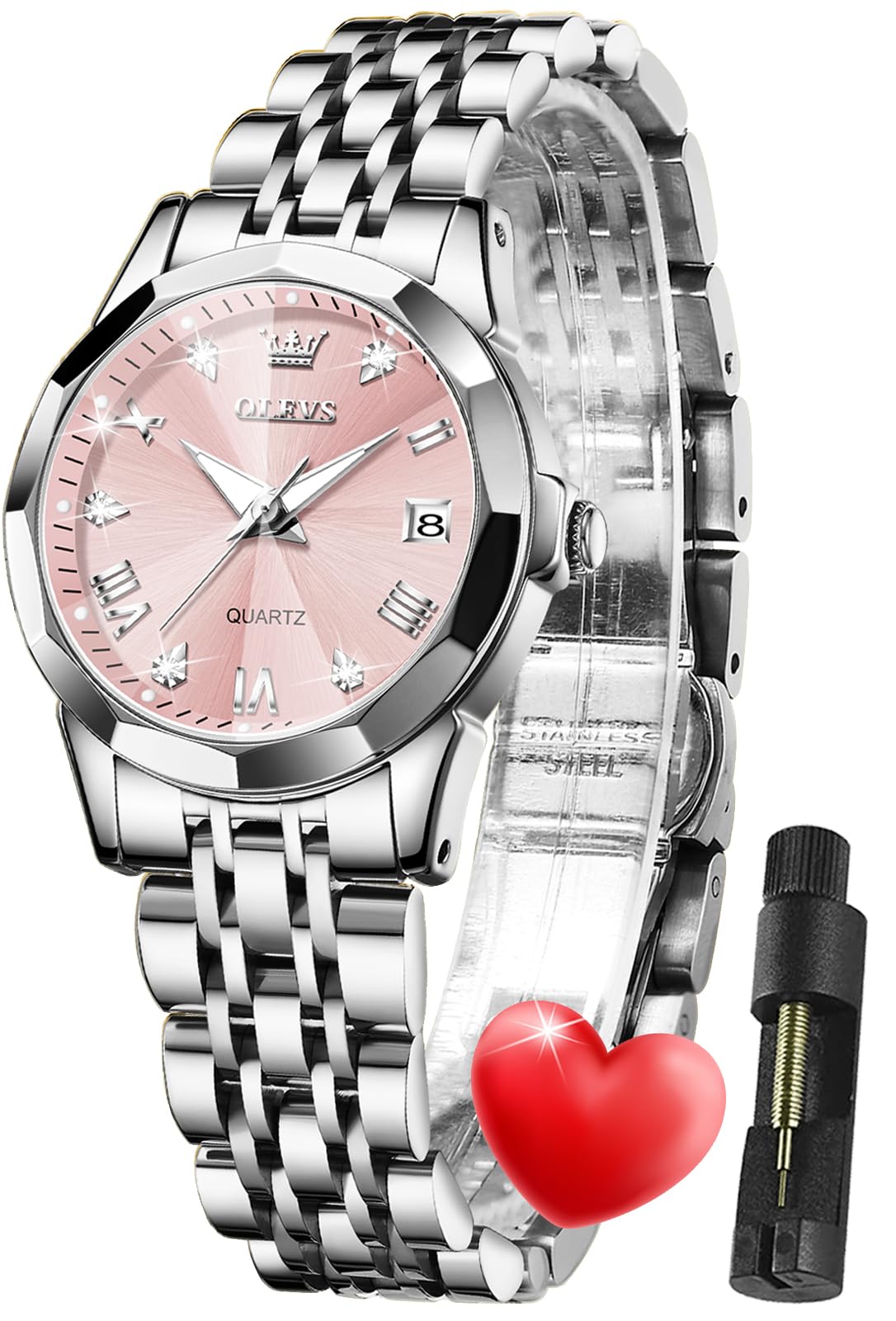 OLEVS Damen Uhr Quarzuhr mit Diamant Edelstahlarmband Wasserdicht Datumsanzeige Elegante Damenuhr für Frauen Geschenke zum Muttertag