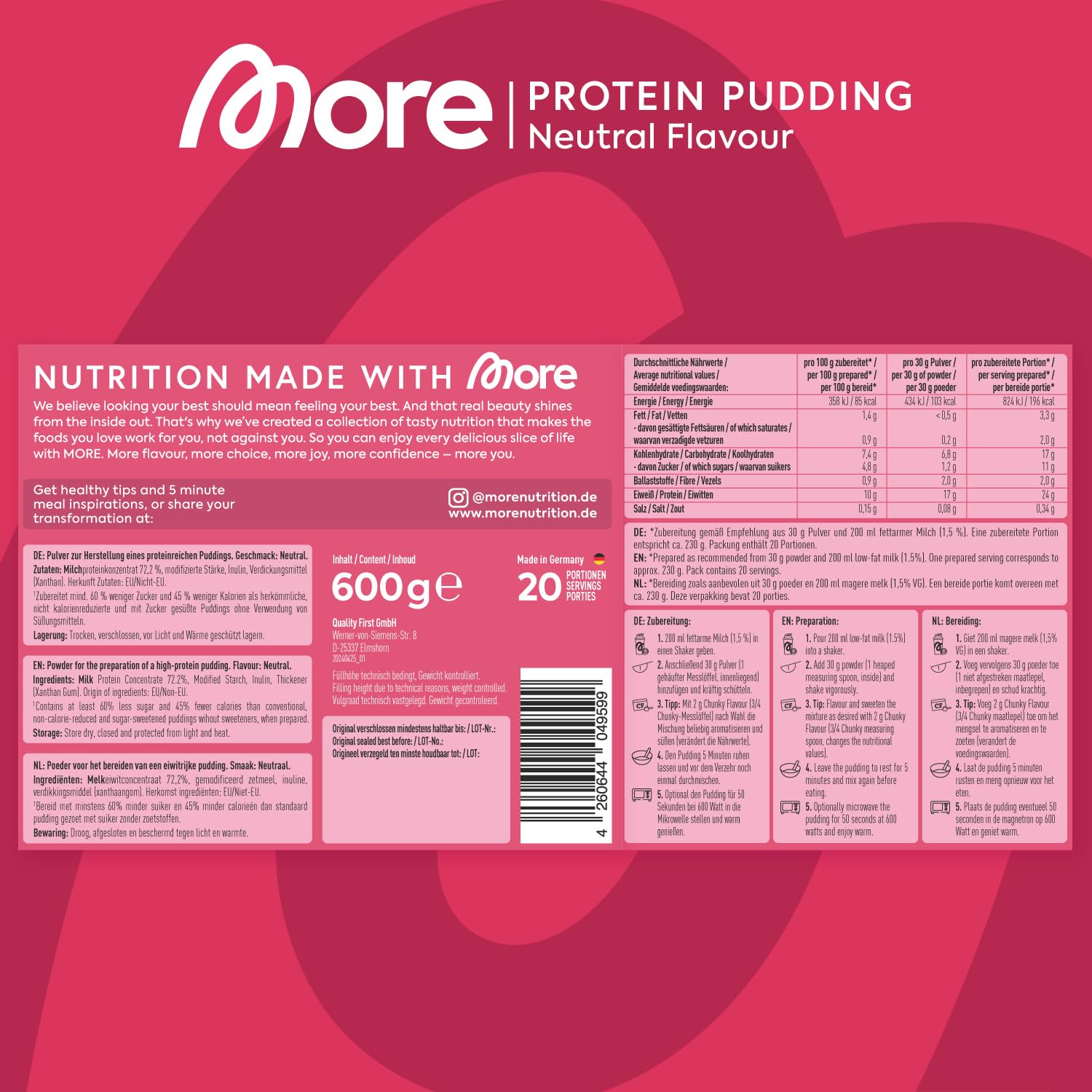 MORE Protein Pudding, Neutral, 600 g, cremiger Pudding mit weniger Fett, Kalorien und Zucker - made in Germany