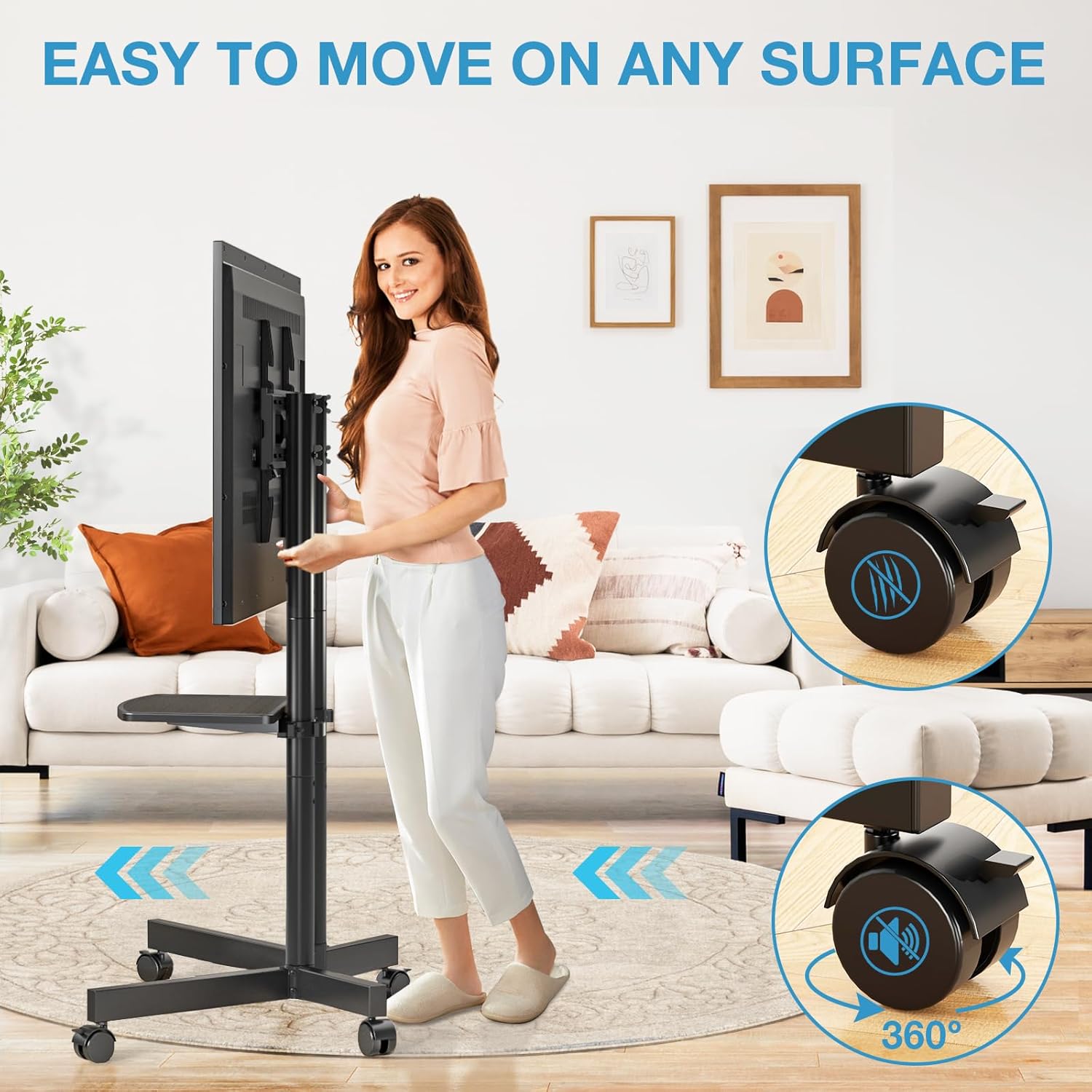 YOMT Portable Rolling TV Stand for 32-75 inch TVs, Height Adjustable Mobile TV Cart with Locking Casters, Heavy Duty Universal TV Stand On Wheels with Removable Shelf for Living Room, Bedroom, Office