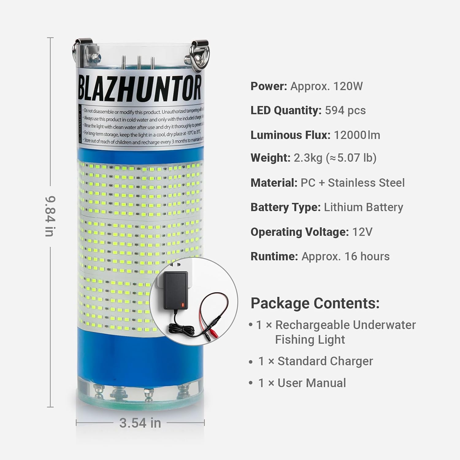 Rechargeable Underwater Fishing Light,Auto On in Water,Multi-Color Options, Up to 16000lm, IP68 Waterproof,No External Power,Cordless,Night Boat Dock Ice Fishing