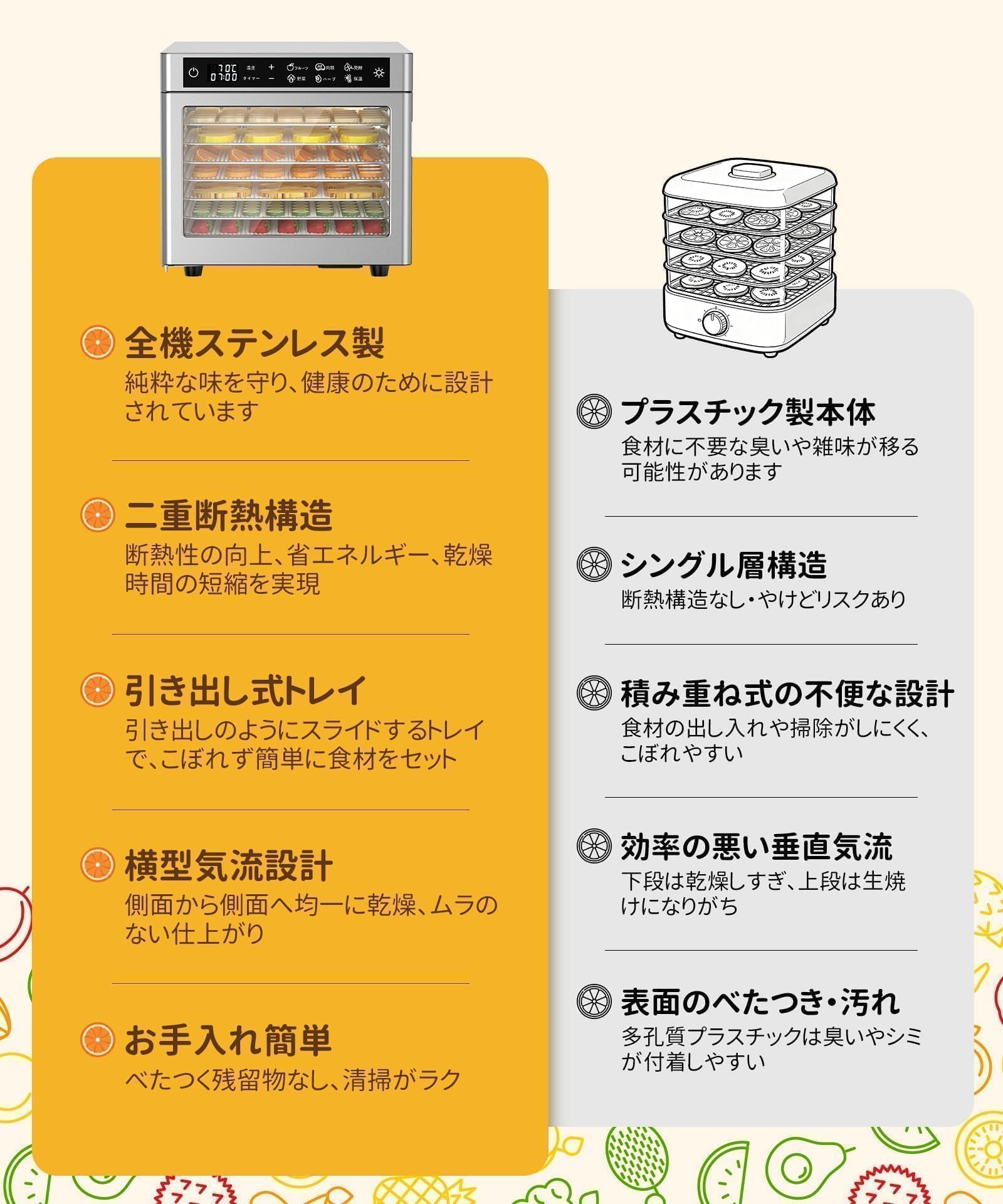 8段フードドライヤー デジタルタイマー付き Kwasyo 8層ステンレス鋼製フードドライヤー 700W食品乾燥機