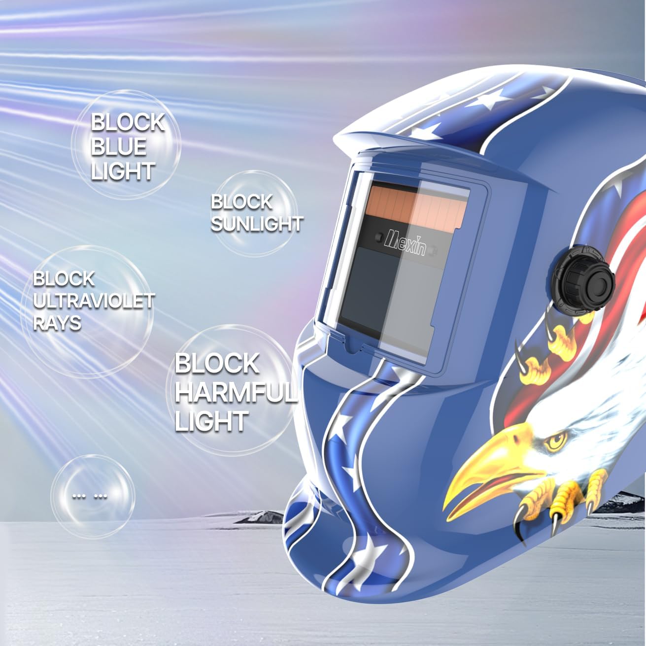 Mexin Auto Darkening Welding Helmet with 2 Arc Sensors, True Color Welding Mask DIN 9–13, External Stepless Adjustment, Solar Powered, 3.6" × 1.7" Viewing Area for MIG TIG ARC