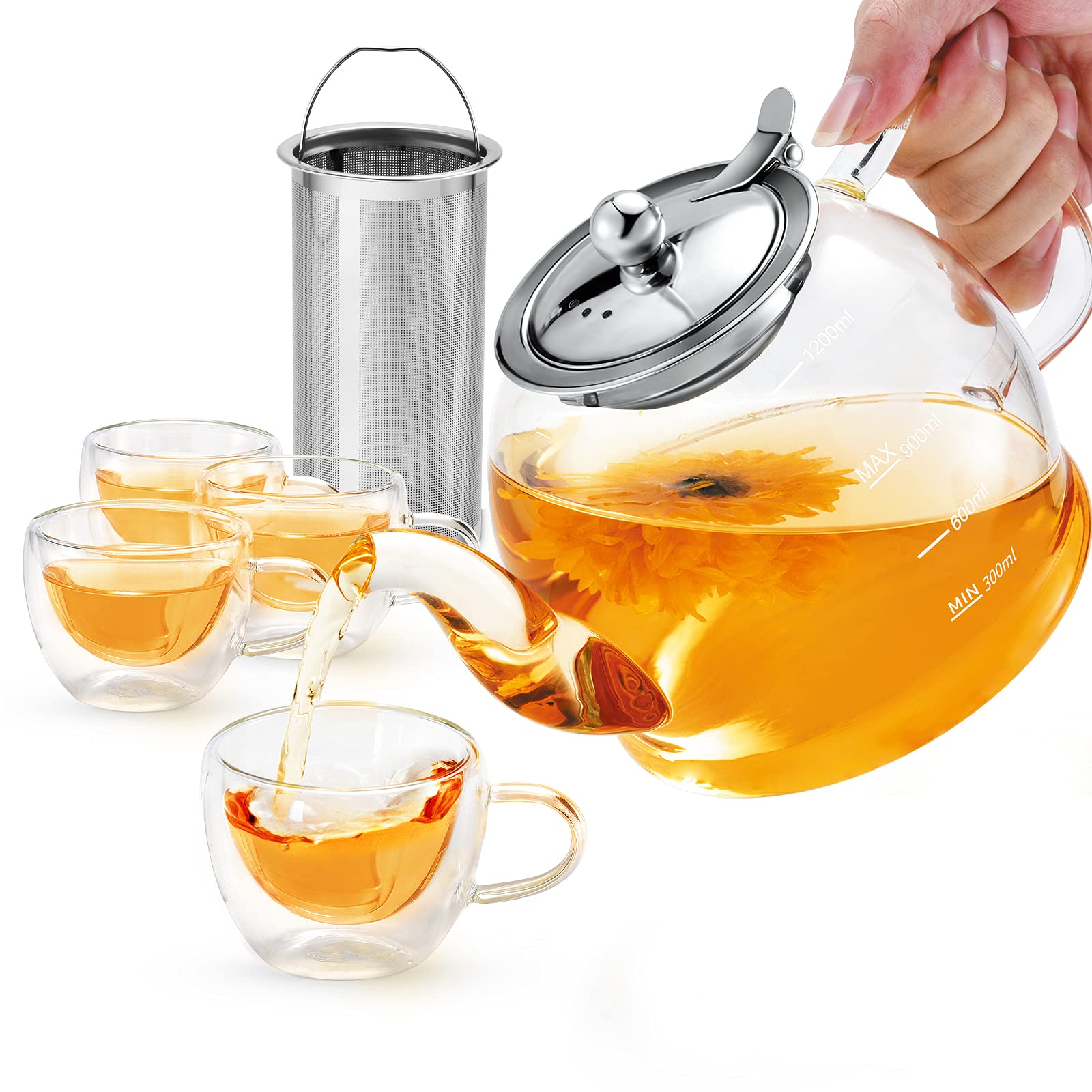 Buy Glass Teapot Set, 40 oz / 1200 ml Tea Set with 4 Glass Teacups