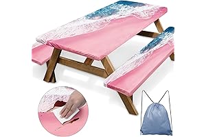 Beach Picnic Table Cover With Bench Covers, Summer Pink Fitted Rectangle Tablecloth