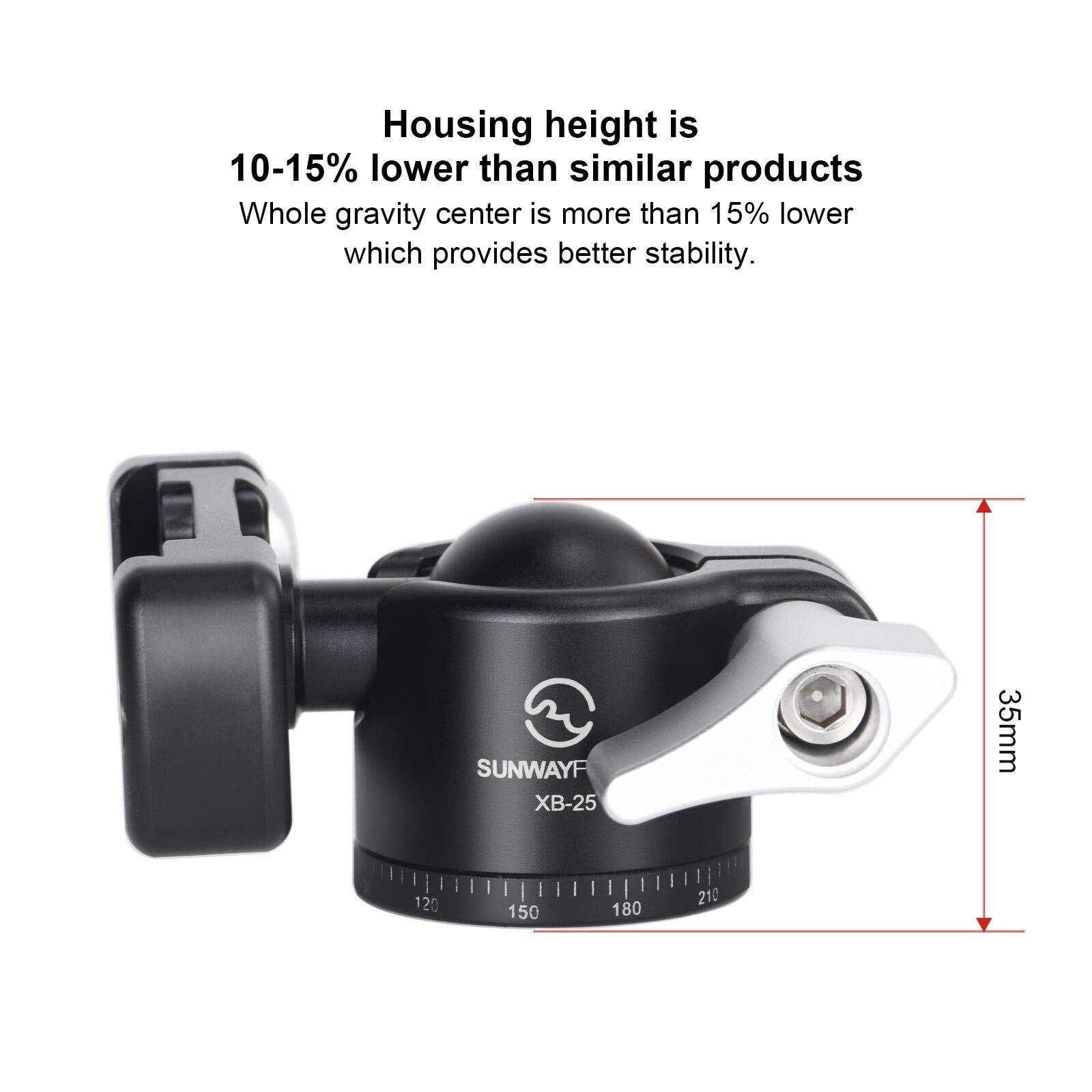 SUNWAYFOTO Rotule de trépied XB-25, rotule panoramique rotative à 360 degrés avec plaque de dégagement rapide de 6,35 mm et pour appareil photo reflex numérique, monopode, charge 5 kg