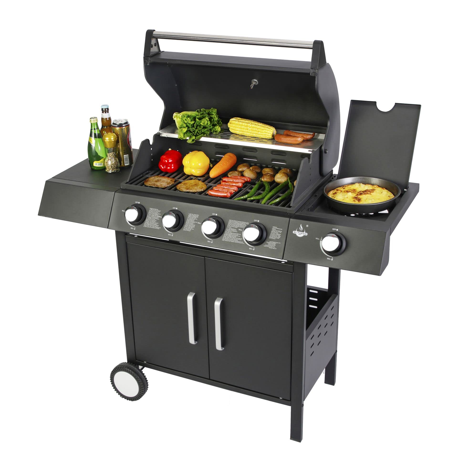 Gasgrill "SAN ANGELO 4+1" von El Fuego® | 4 Hauptbrenner + 1 Seitenbrenner | Edelstahl, inkl. Gasschlauch und Druckminderer | Grill Smoker Grillwagen BBQ | AY 582