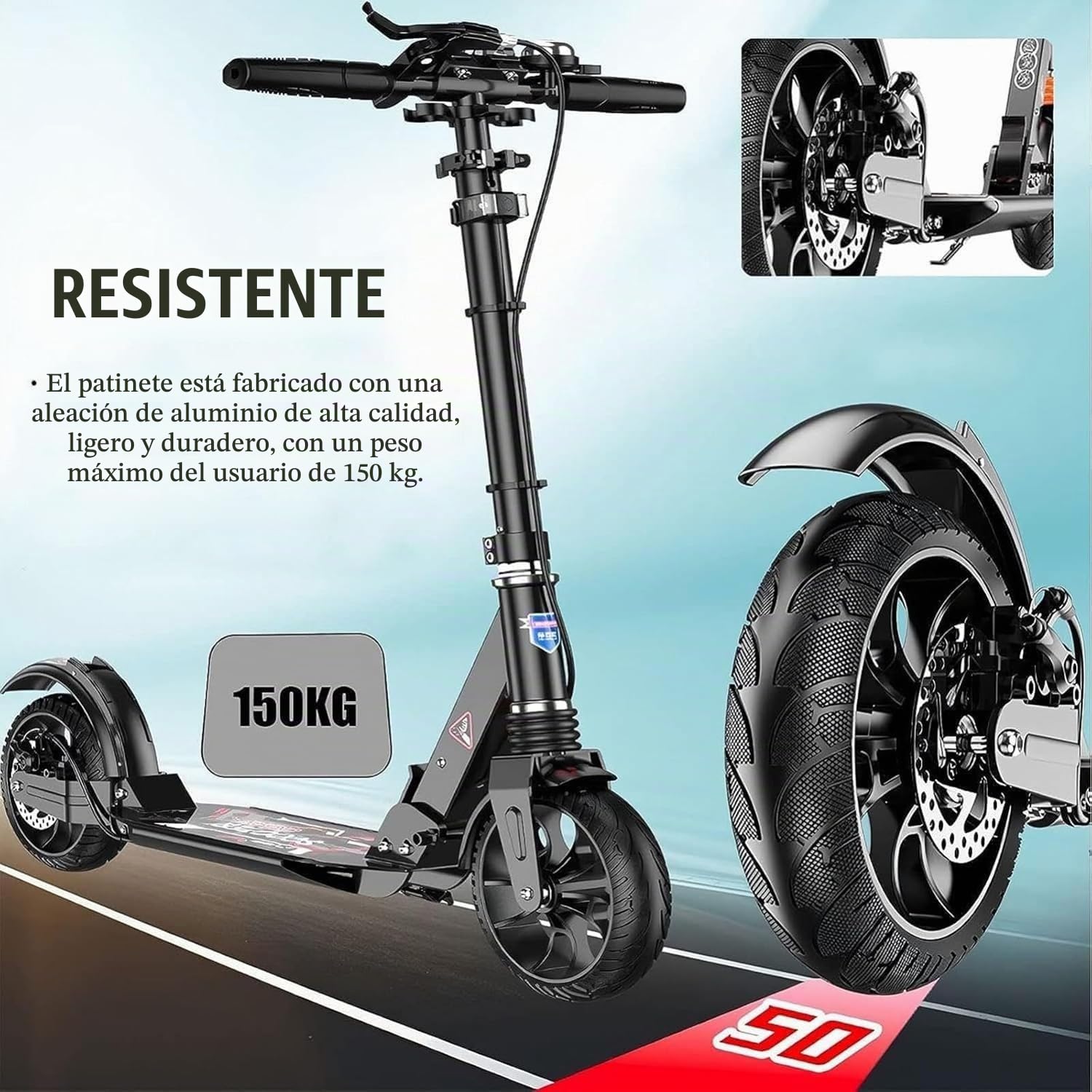 City Scooter para Adultos y Niños 10 Años - Patinete Plegable con Ruedas Grandes, Frenos y Amortiguadores - Regulable en Altura, Capacidad 150 Kg