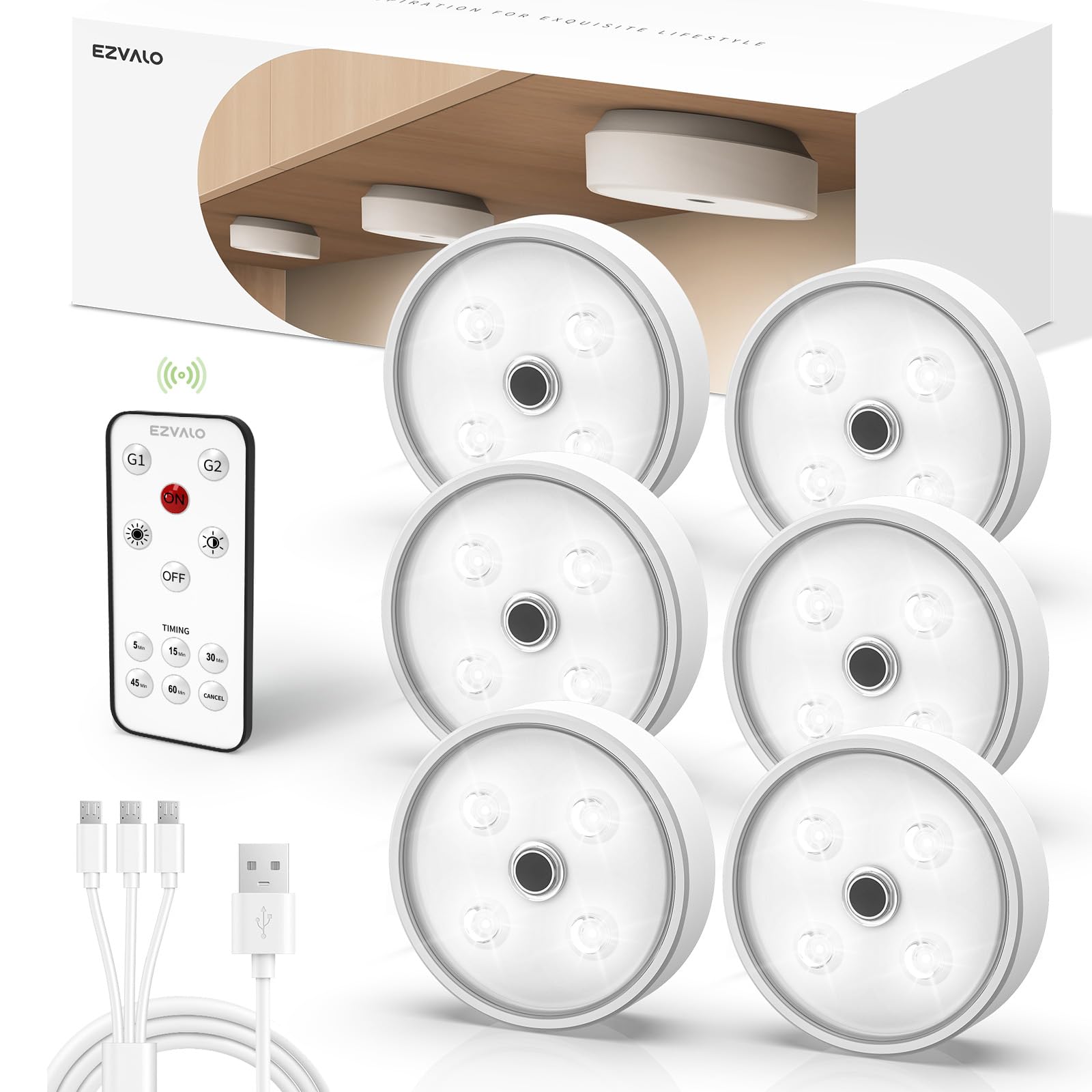 EZVALO Luce di Armario 6 Piezas, LED con Controllo non Tattile, LED Adesiva con Manovra a Distanza, Illuminazione Regolabile per Scale, Dormitori. Mobili, Armadi, Cucine