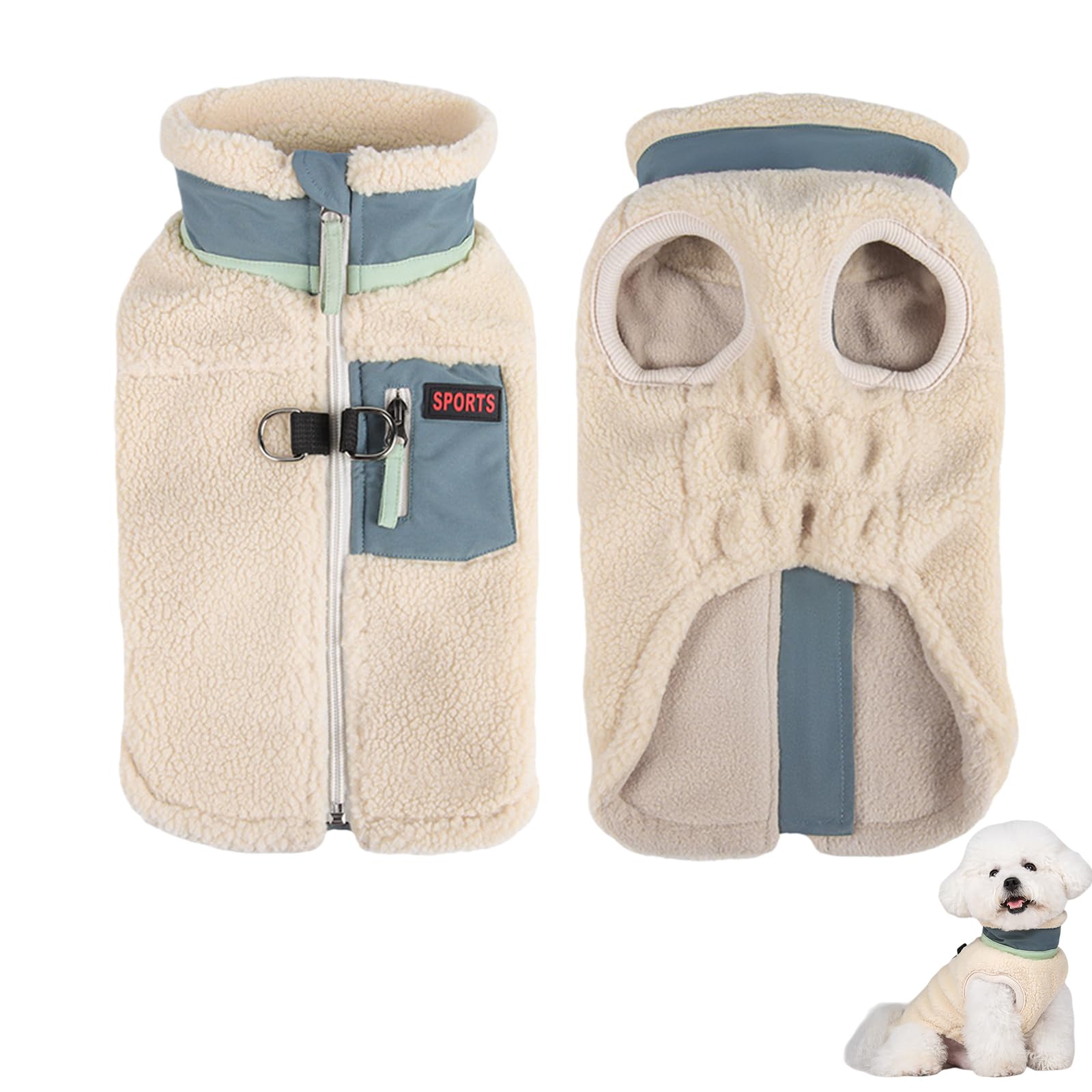 Duuclume Winter Dog Vest Sweater for Small & Medium Dogs,Thickened Double Fleece, Soft Stand-Collar Pet Coat with Zipper,D-Ring & Side Pocket. (Beige Green, 2XL)