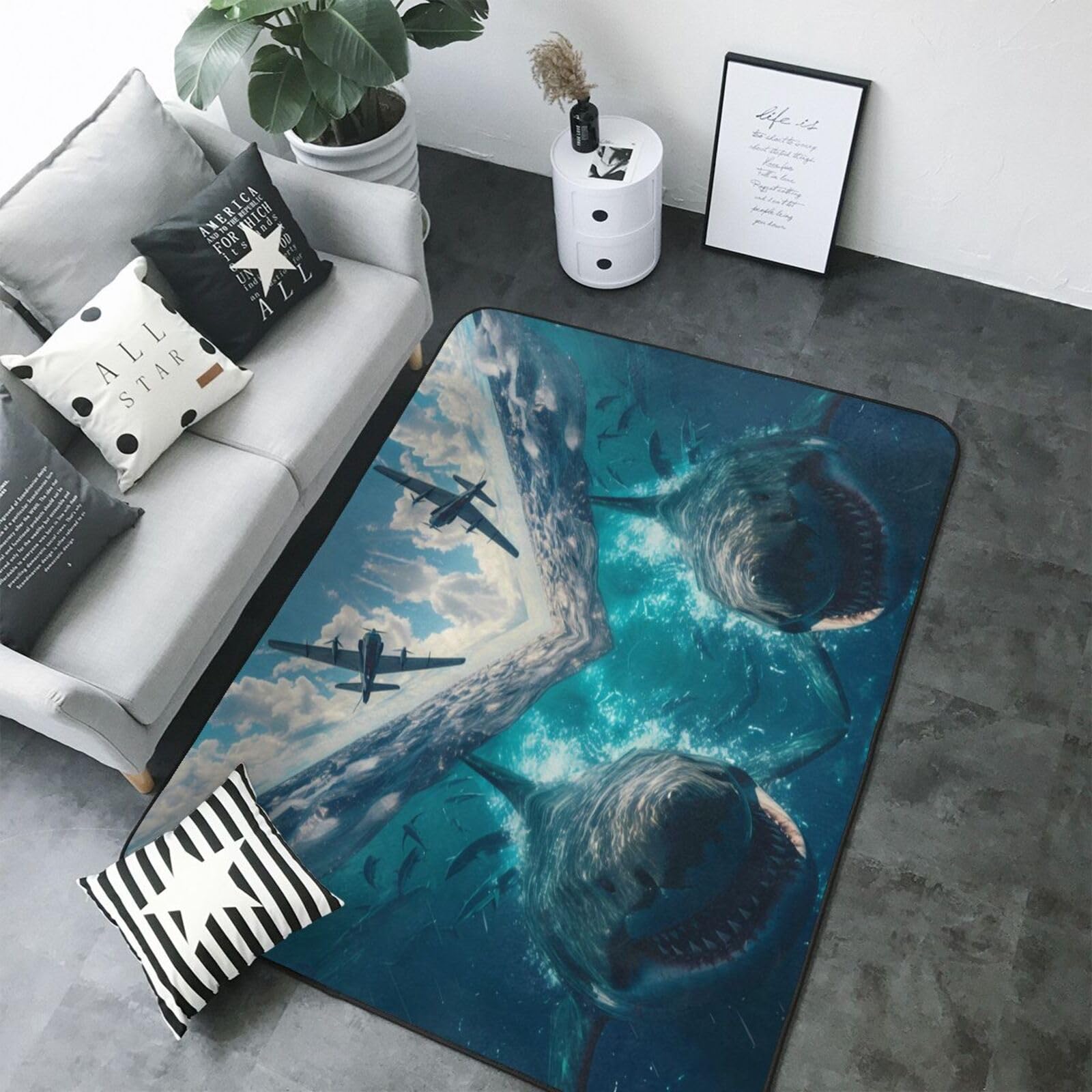 Tapis lavable et doux motif requin pour éviter le sol froid dans le salon