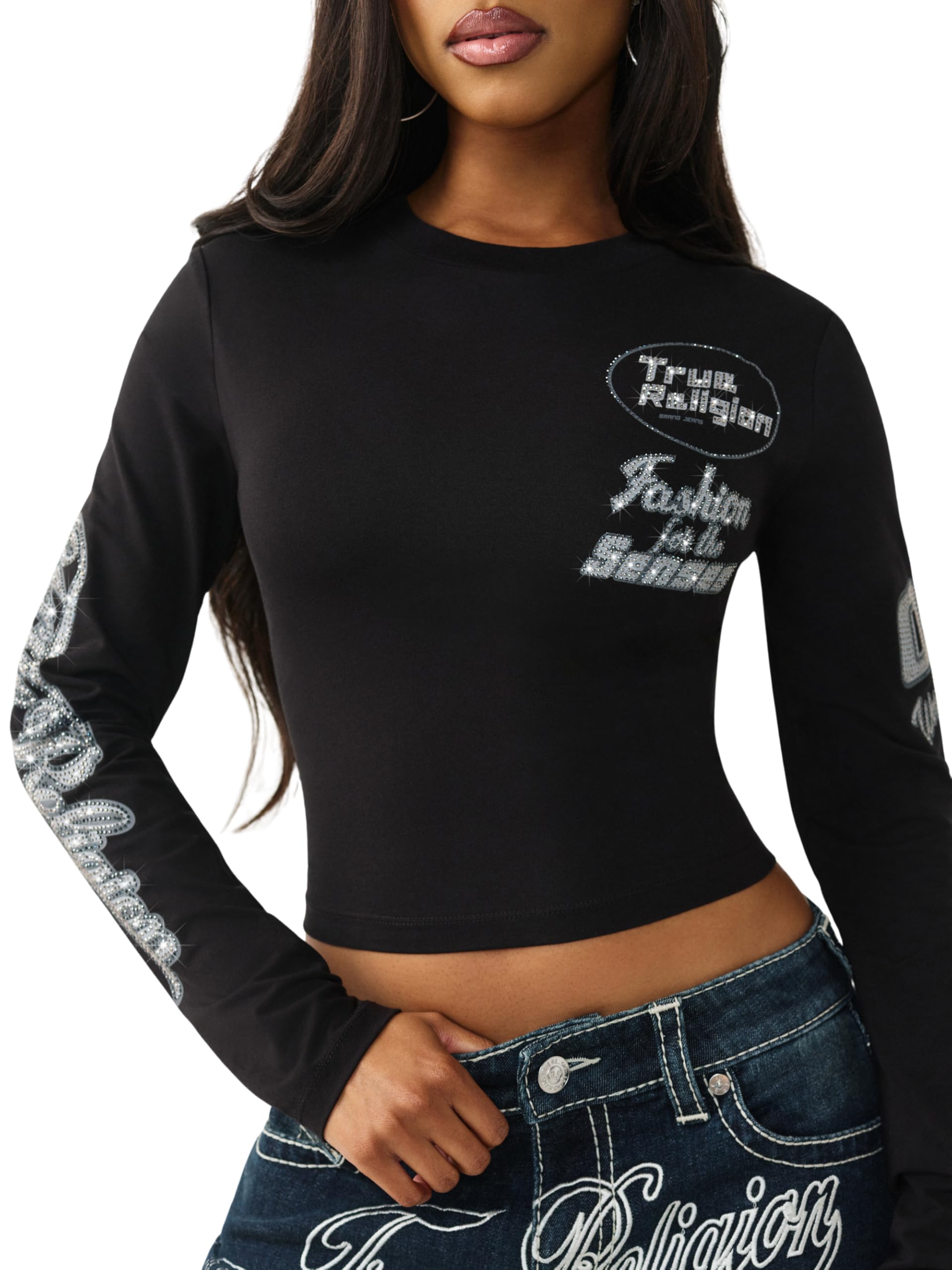 True Religion Damen Crystal Contrast Stitch Langarm Baby Tee - Strass Logo Slim Fit Rundhals Baumwollmischung Top