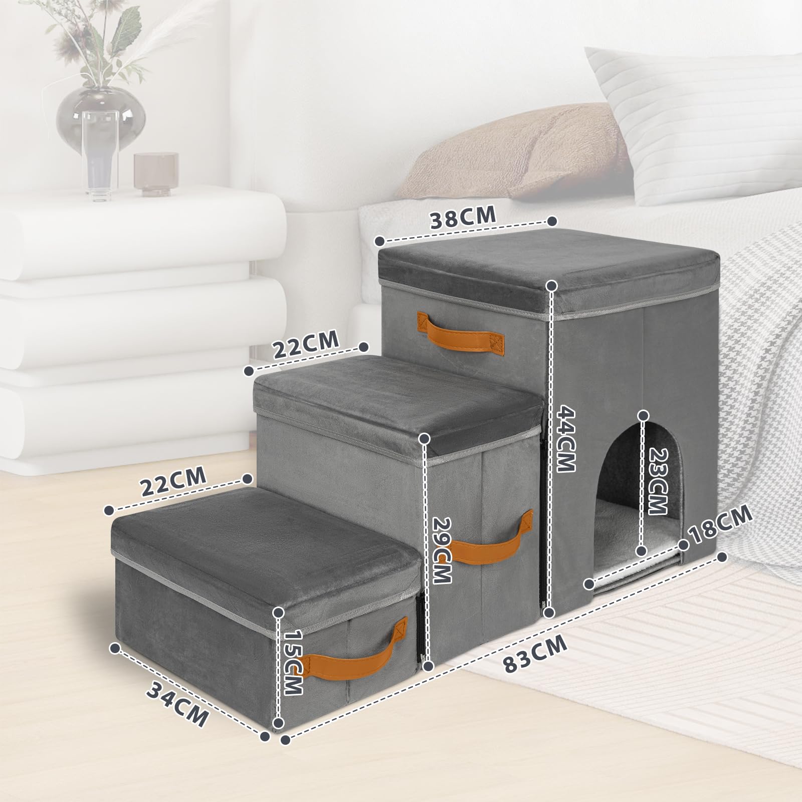 OUUTMEE Haustiertreppe 3 Stufen mit Zwingerdesign Hundetreppe Zusammenklappbar mit Stauraum,Kombinierte Verwendung Hundetreppe Bett für Betten,Sofas,Maximale Tragfähigkeit 30 kg