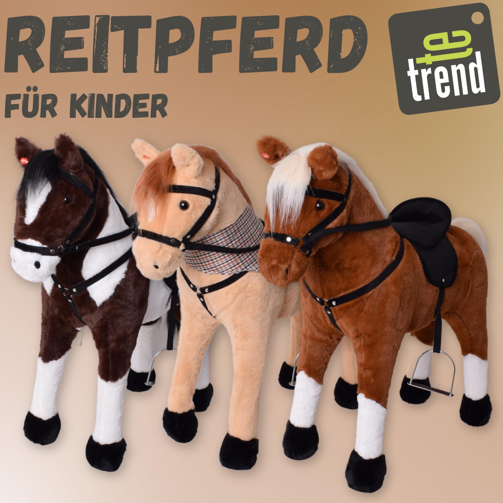 TE-Trend Pferd, 70 cm – Plüschpferd zum Reiten – Kinder Reitpferd mit Sattel, Zaumzeug und Steigbügel – Perfektes Reitspielzeug für Mädchen – Braun