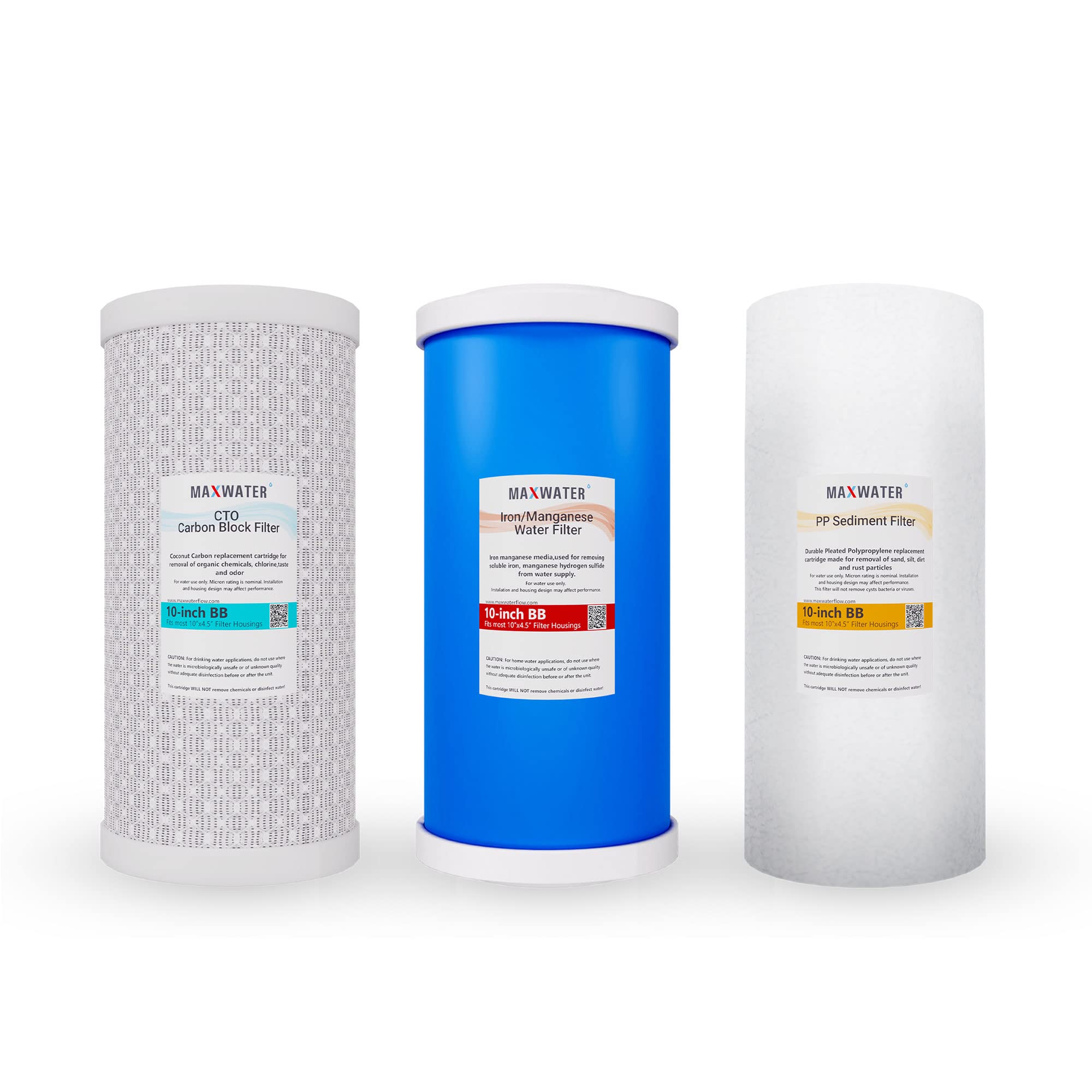 10"x 4.5" Iron Buster Filter Set (3-pack) for Whole House Water Filtration Systems w/ 10" x 4.5" Sediment, Iron Manganese Reduction, CTO Carbon Block Water Filters