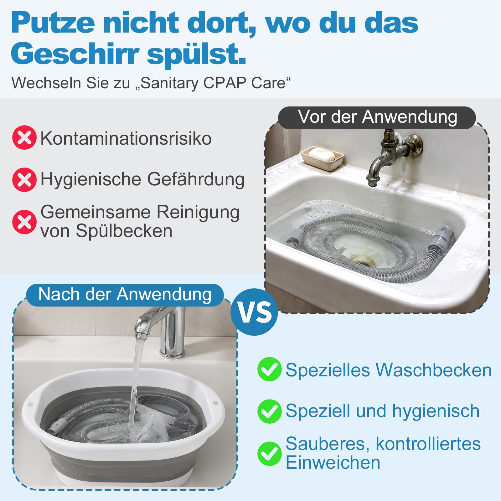 9-teiliges CPAP Reinigungsset – Schlauchtrockner mit 10 Geschwindigkeitsstufen, faltbare 8,3L Waschschüssel, 2,1m Schlauchbürste, Maskenbürste & Doppel-Halter – Kompatibel mit 15mm & 22mm Schläuchen