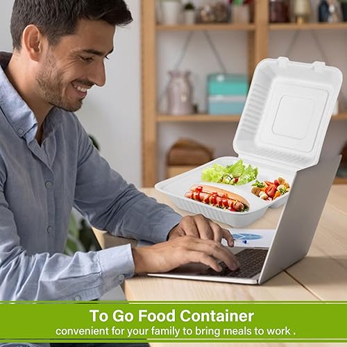 Miniatura 3 de greensight Contenedor de comida compostable para llevar de 8 x 8 pulgadas, paquete de 100 recipientes de alimentos con 3 compartimentos, cajas de
