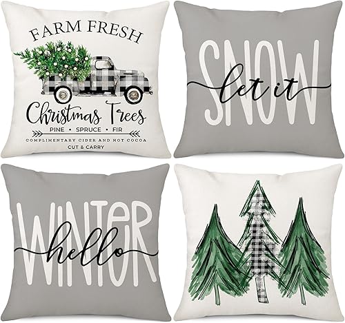 Juego de 4 fundas de almohada decorativas de Navidad, muñeco de nieve, reno, alegría, rayas grises, decoración de Navidad, funda de cojín para sofá,