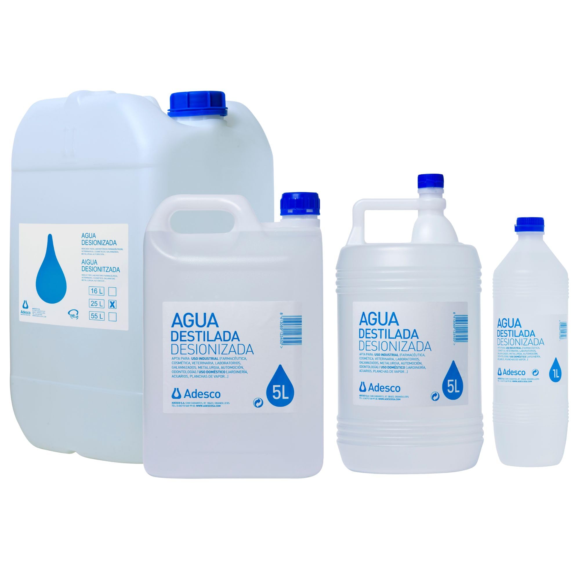 Adesco, Agua destilada 20L., agua desionizada, agua para plancha, maquinas, uso hospitalario, tatoo. (20 L)