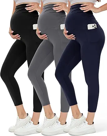 HLTPRO 1/3 Pack Maternity Leggings Over The Belly - Maternity Pants with Pockets for Women Pregnancy Workout Yoga Leggings