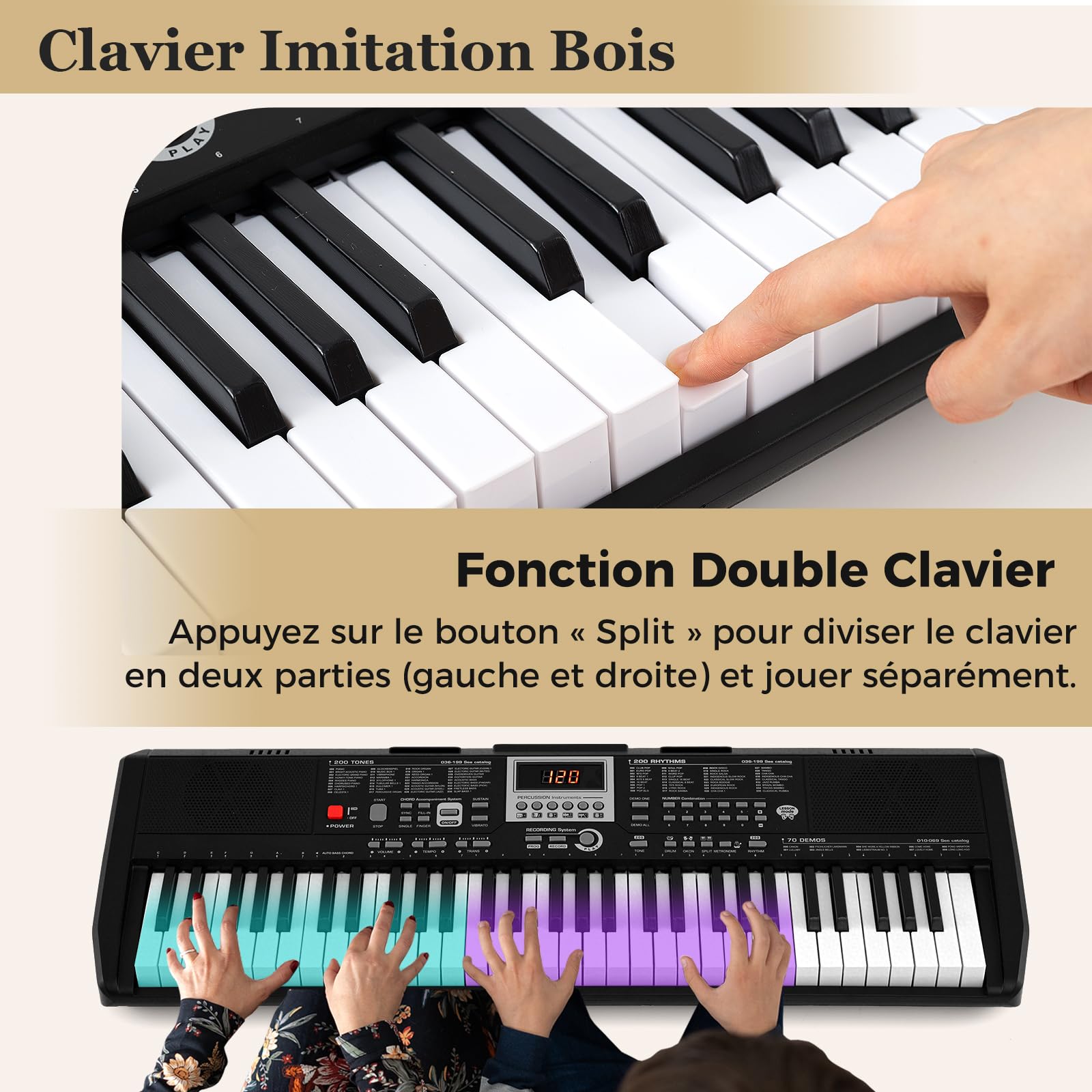 COSTWAY Piano Numérique 61 Touches avec Casque Pupitre Microphone, Clavier Piano avec 2 Haut-Parleurs, Touches Lumineuses, Mode d'apprentissage, 200 Sons 200 Rythmes 70 Démo pour Débutants