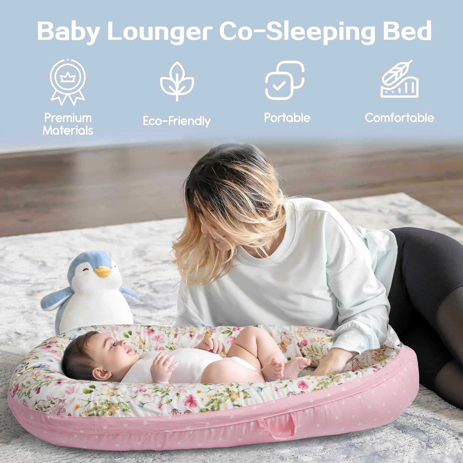 AMAWMW Baby Lounger for Newborn Infant Baby Nest Sleeper for 0-12 Months Portable Adjustable Washable Lounger Cover for Co Sleeping Removable Slipcover Lounger Pillow Floor Seat for Travel Essentials