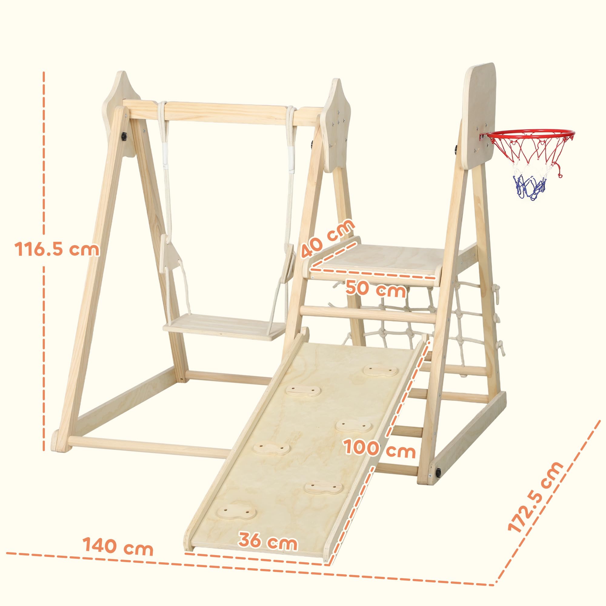 AIYAPLAY 5-in-1 Klettergerüst Montessori Indoor Holz Kletterdreieck Natur | Rutsche, Schaukel, Kletternetz und -brett, Basketballkorb, Klappbar Spielplatz, für Kinder von 3-6 Jahren