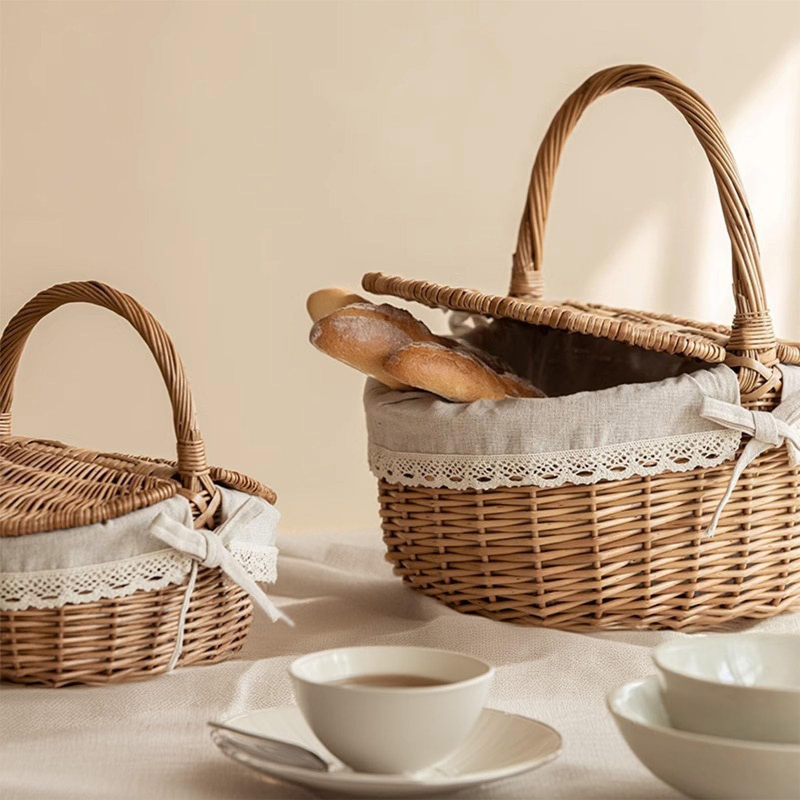 Genérico Cesta de Mimbre para Picnic con Tapa y Asas, Cesta de Mimbre Hecha a Mano con Forro, Pequeñas cestas de Mimbre para Picnic,Exterior,Camping(S)
