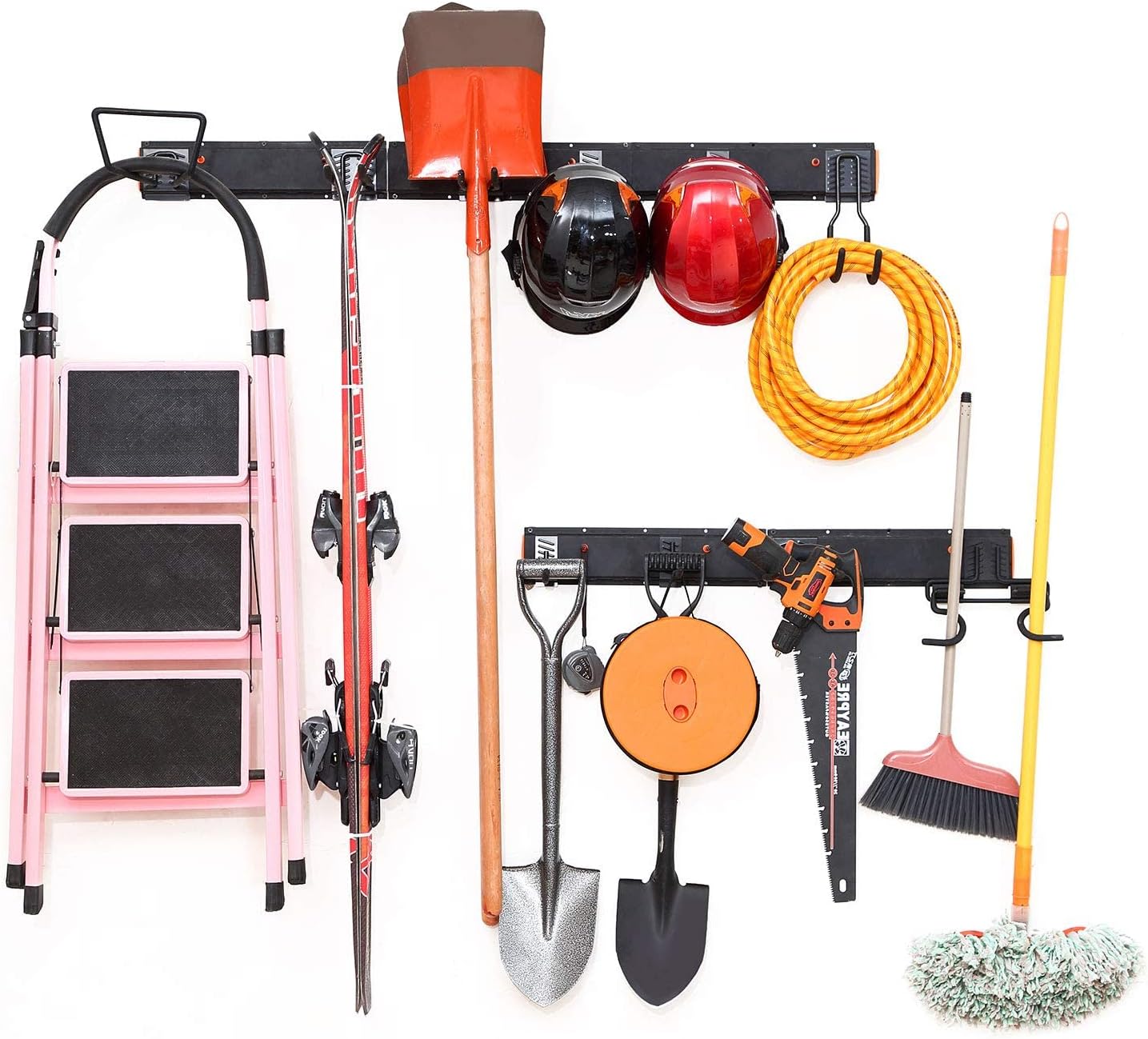 Best Cyber Monday 🔥 Homeon Wheels Tools Storage Rack system, for Room, Garage Organizer &Garden Organizer, Heavy-duty Solid and Easy to Install, Holds 10 hooks & Max 420 lbs, Holds Shovels, Rakes, Maps, Skis and Bikes