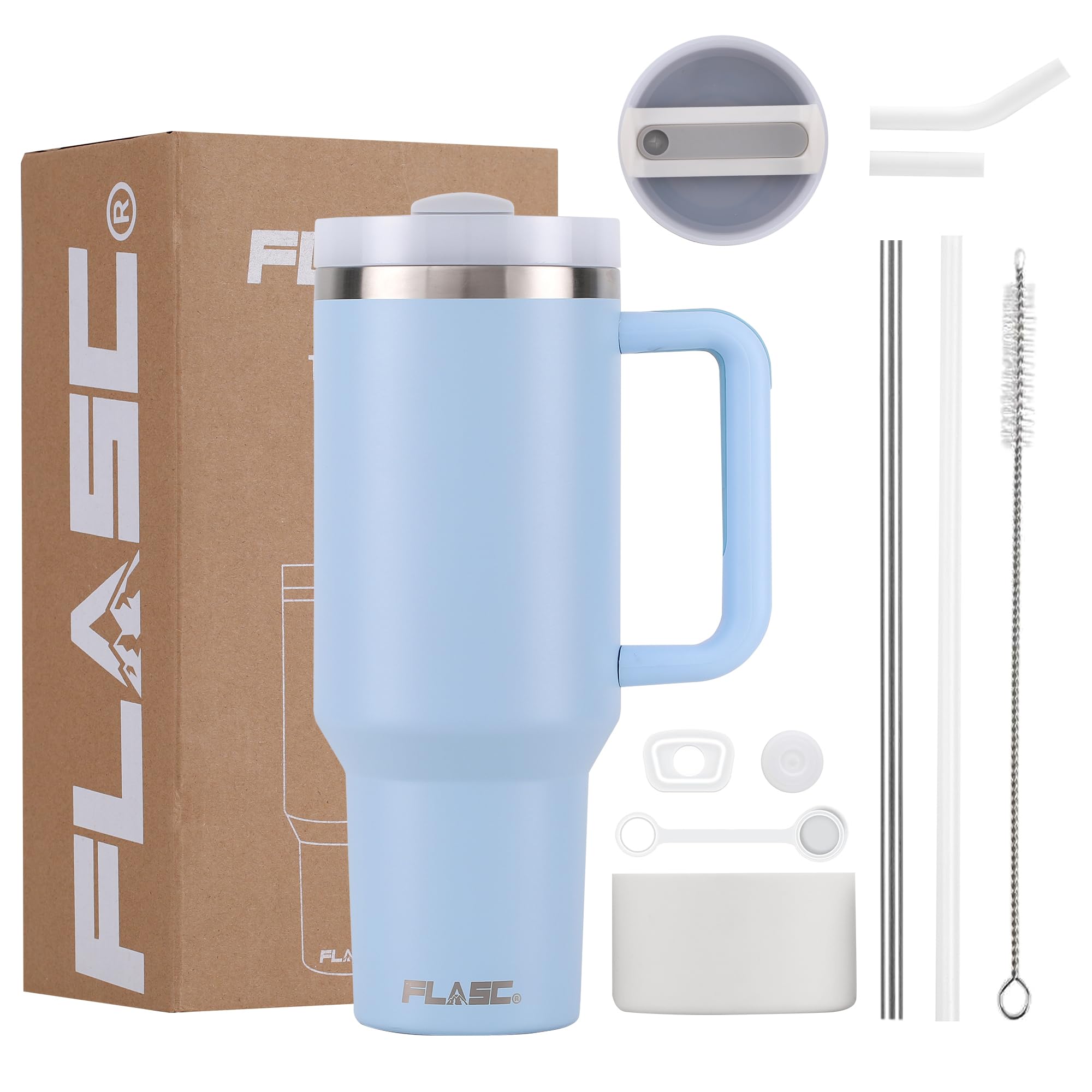 FLASC 40 oz Tumbler With Handle and Straw | 100% Leakproof Insulated Tumbler With Lid and Straw | Includes ALL Accessories: Stainless Steel Straw,