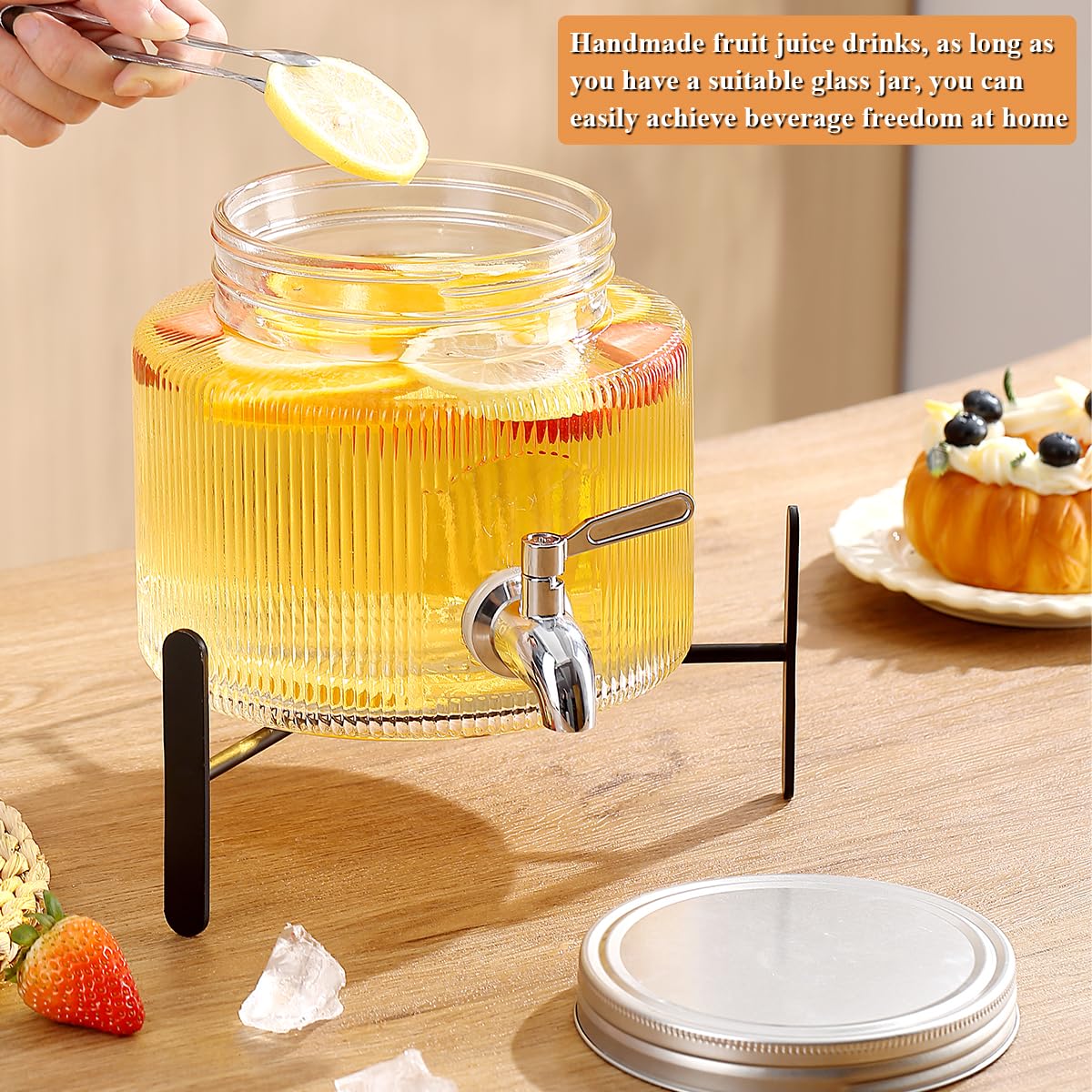 Drink Dispenser for Refrigerator 2/3 Gallon (2.5L), ReaNea Glass Beverage Dispenser with Durable Stainless Steel Faucet, Spigot, Juice Jar with Lid, Mason Jar for Home