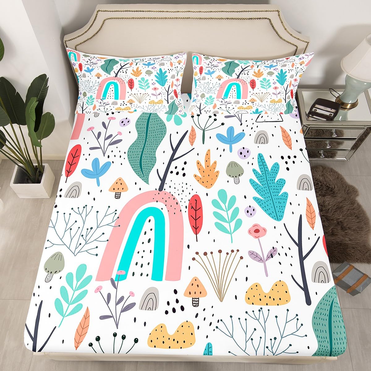 Set Biancheria Da Letto Bohémien Per Bambini – Piumino 173x229 Cm + Federa, Motivo Arcobaleno E Foglie Rosa/Blu, Stampa 3D