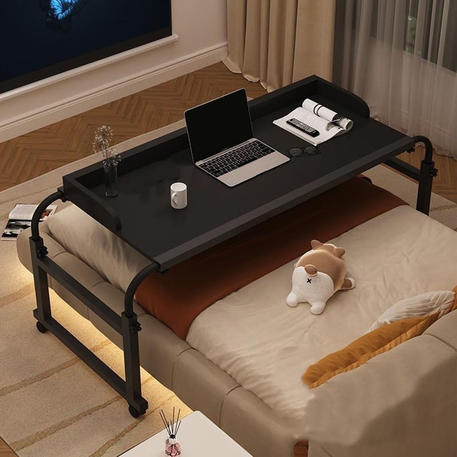 Over The Bed Table,Length Extendable Rolling Bedside Desk Rolling Tray Table For Laptop And Writing In Living Room For Daily Relaxation Work(Color:Black)