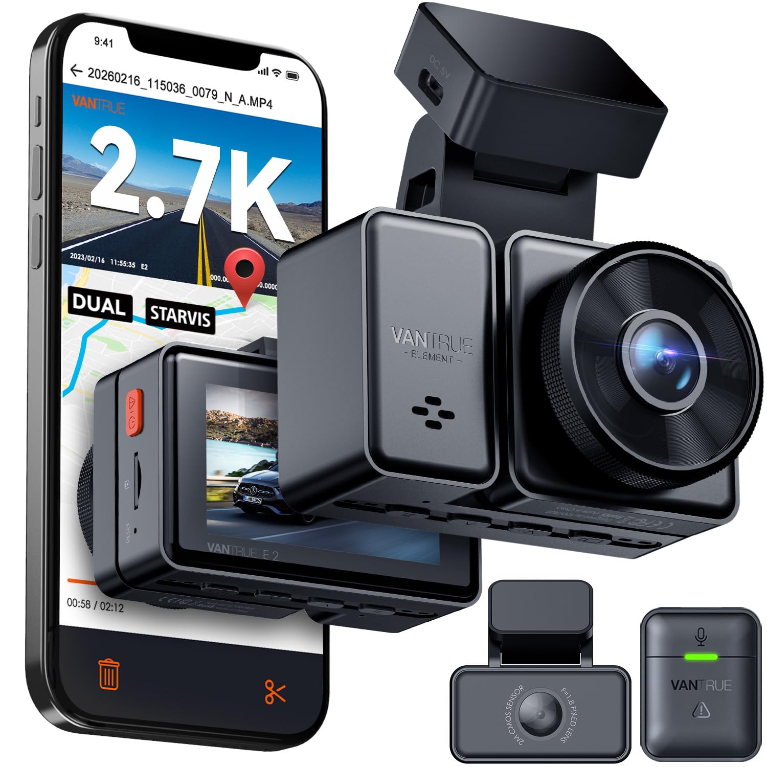 VANTRUE E2 2.7K+2.7K Dashcam Auto vorne hinten 5GHz WiFi 9MB/S GPS, Fernbedienung Sprachbefehle Dash cam Dual 1944P/1440P WDR Nachtsicht Puffer Parkmodus Auto Kamera, 2.45’’ 320° G Sensor, max. 512GB