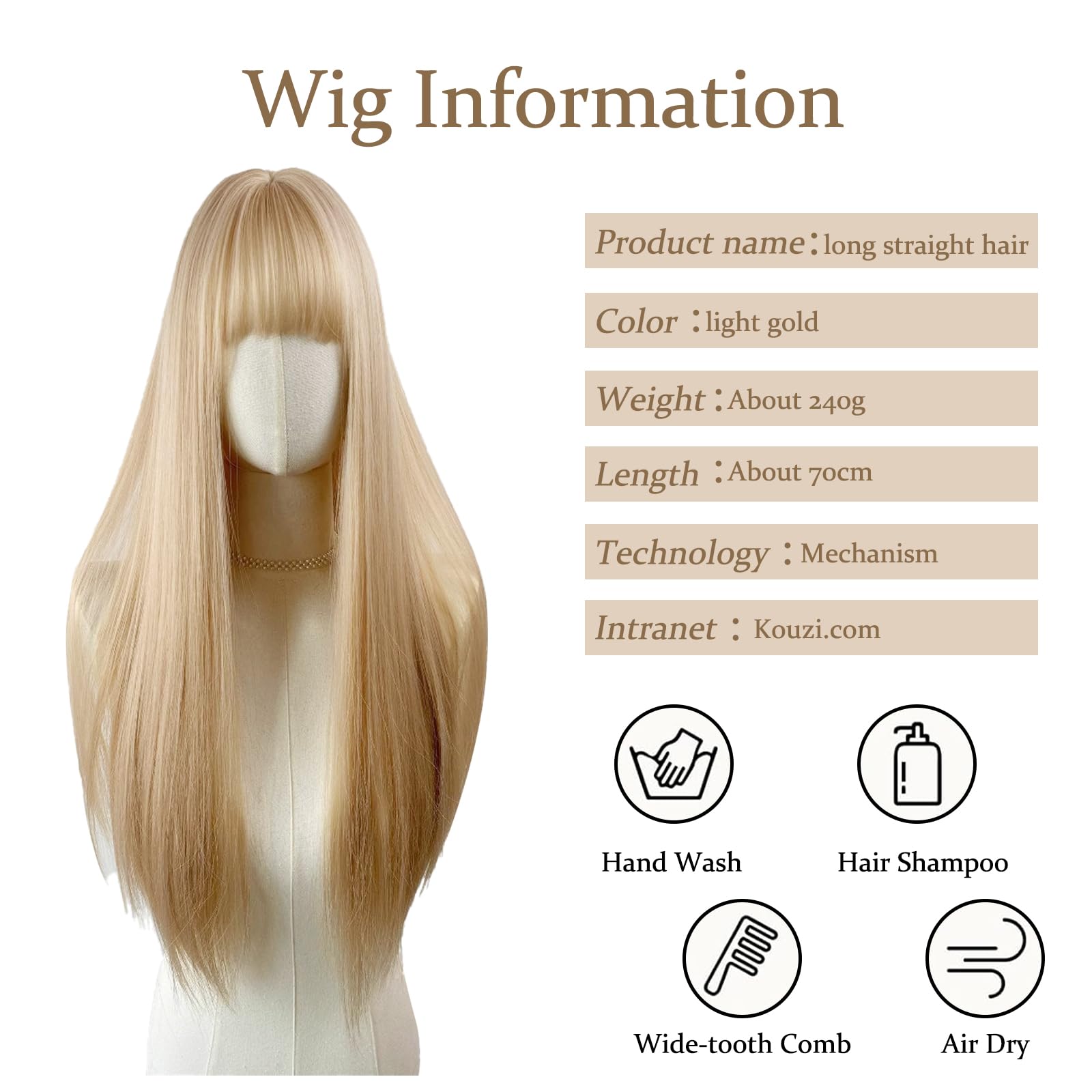 Parrucche Lunghe Lisce Bionde per Donne con Frangia, 70cm Parrucche Lunga Layered Lisci per Donna, Parrucca Naturale e Liscia Dritto Fibra Sintética Resistente per Cosplay Festa Uso Quotidiano