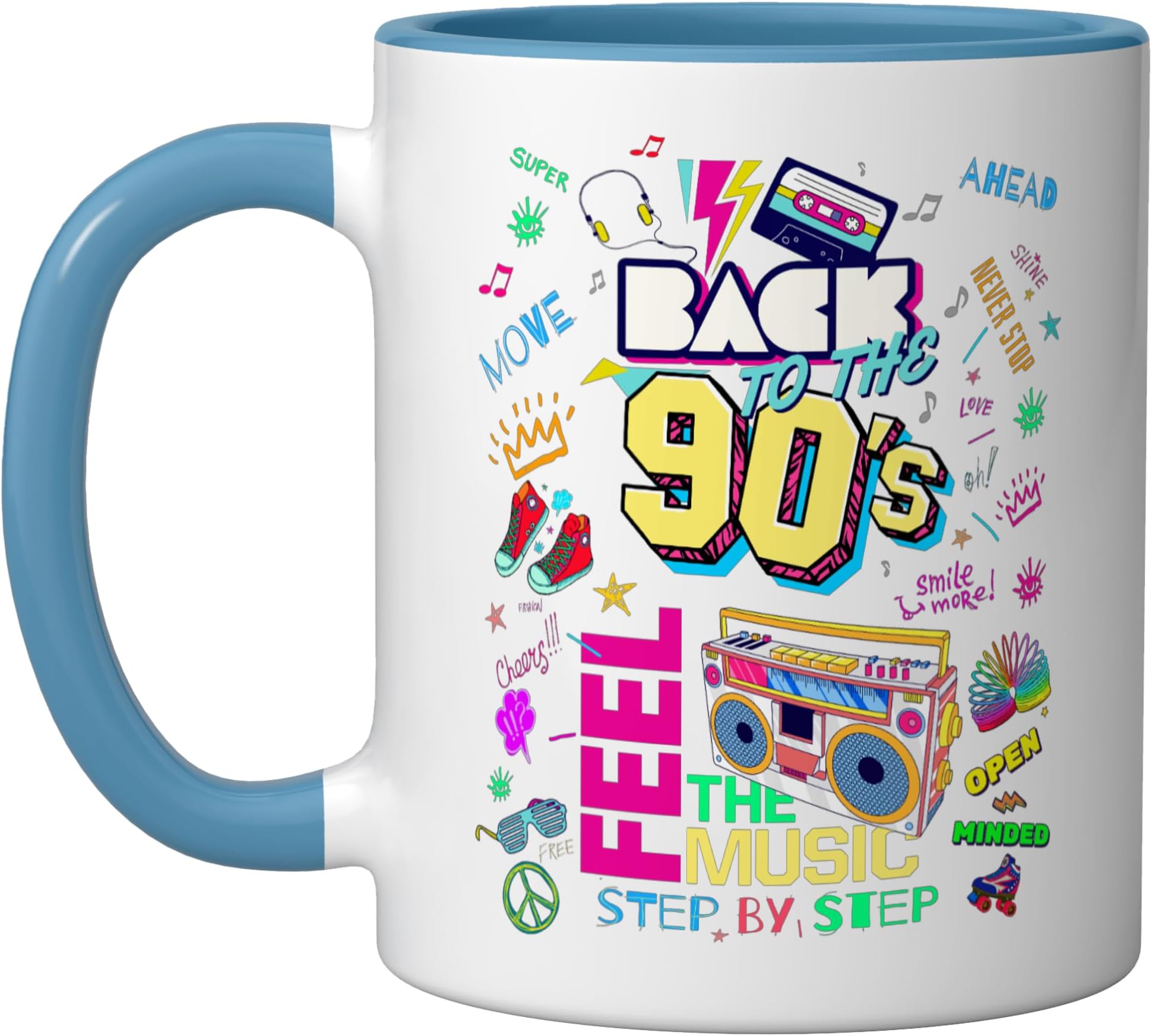 Feel The Music Retro Back to 90's Music illustration Graphic Ceramic Mug, Blue/White