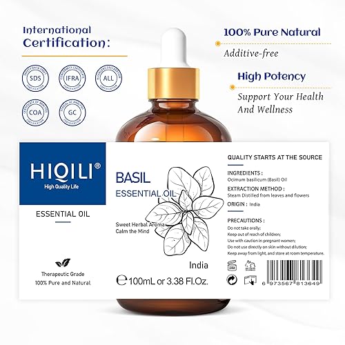 Miniatura 251 de HIQILI Aceite esencial de albahaca de 1 fl oz, 100% puro sin diluir para la piel, difusor, 1.0 fl oz