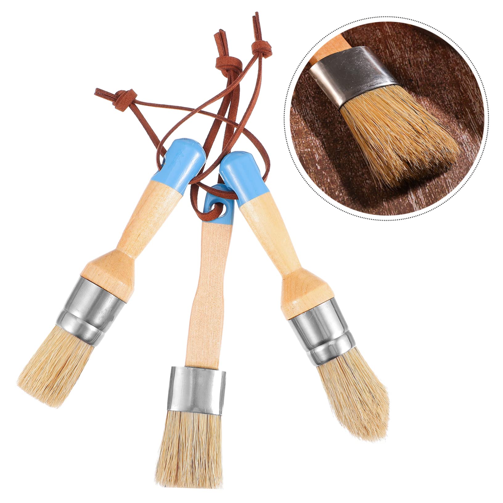 HOMSFOU Set 3 Pennelli Rotondi Manico in Legno per Vernice e Cera, Setole Naturali di Cinghiale per Pittura Artistica e Decorazioni Casa, Strumenti Cinghie in Pelle per Artisti e Hobbisti