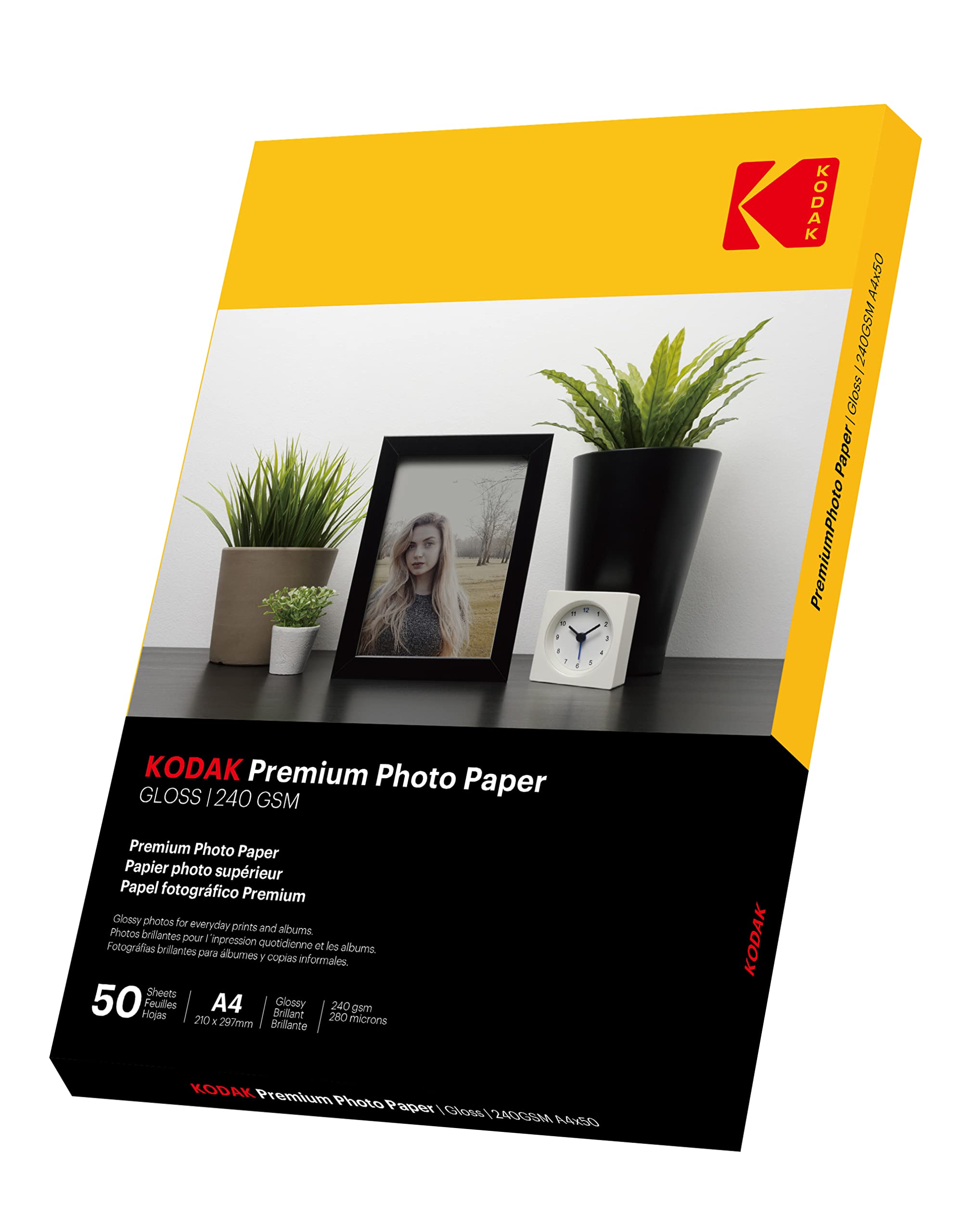 Kodak Glossy Photo Paper DIN A4, 50 Sheets 240 g/m2, for Inkjet Printers, Photo Cards, Photo Cards, Instant Dry, Waterproof, Brilliant White Photo Paper